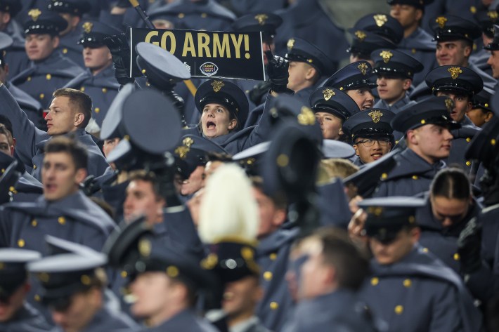 BALTIMORE, MARYLAND - DECEMBER 13: The Army Corp of Cadets cheer during the second half of the 126th Army-Navy Game between the Navy Midshipmen and the Army Black Knights at M&T Bank Stadium on December 13, 2025 in Baltimore, Maryland.
