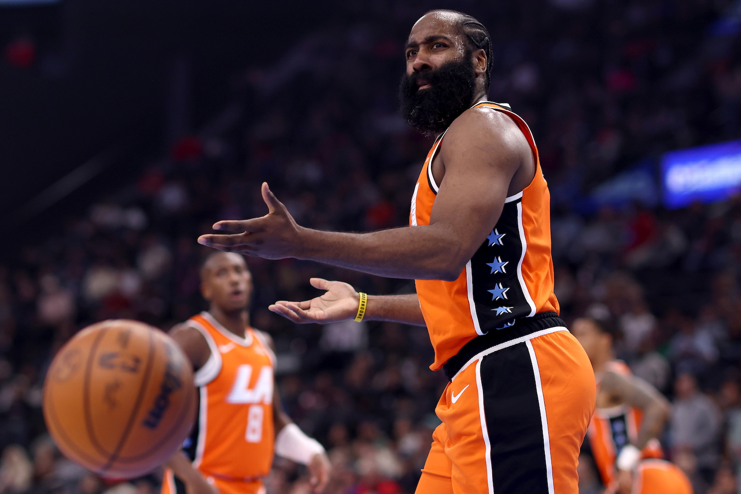 James Harden #1 of the Los Angeles Clippers reacts after a no foul call during the first quarter against the Dallas Mavericks on November 29, 2025 in Inglewood, California.