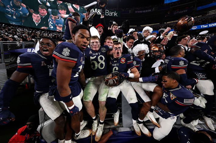 BALTIMORE, MARYLAND - DECEMBER 13: The Navy Midshipmen celebrate after the 126th America's Game against Navy Midshipmen at M&T Bank Stadium on December 13, 2025 in Baltimore, Maryland. The Navy Midshipmen won 17-16. (Photo by )