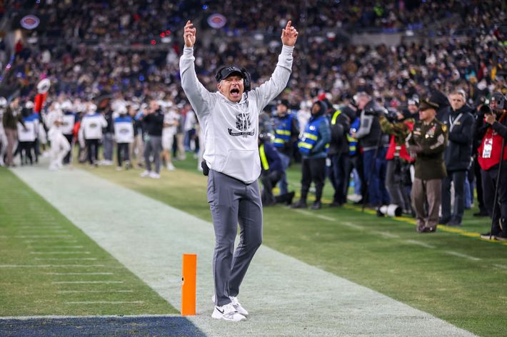 BALTIMORE, MARYLAND - DECEMBER 13: Head coach Jeff Monken of Army Cadets during a game between the Navy Midshipmen and Army West Point Black Knights at M and T Bank Stadium on December 13, 2025 in Baltimore, Maryland.