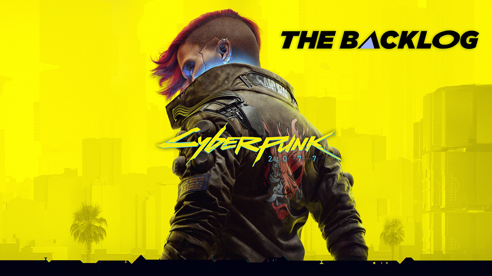 An image of Cyberpunk 2077, where a cool lookin person in a leather jacket has their back to hte camera and a shaved head but with the top still there. it's not a mullet though, it's the cool version of it. The background of the shot is yellow and it seems like a hazy yellow fog has come over the city. At the top right, it says "The Backlog," which is the title of this series.