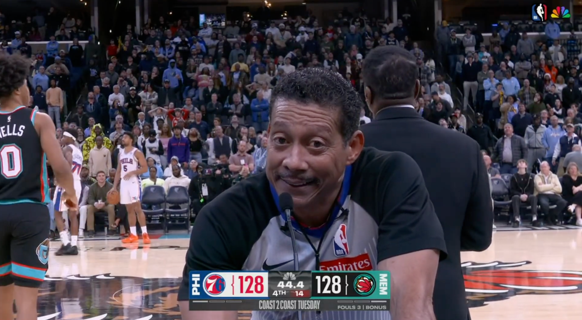 Bill Kennedy explaining, to the NBC cameras, that a play was called correctly. He is making "the Bill Kennedy face."