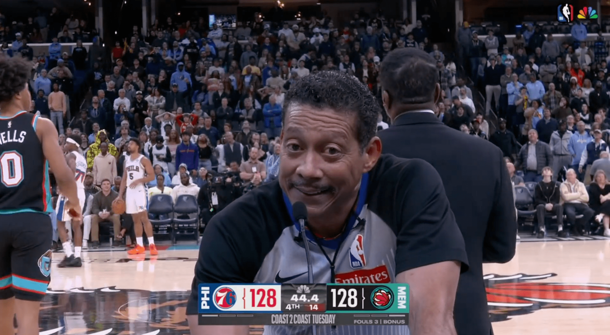 Bill Kennedy explaining, to the NBC cameras, that a play was called correctly. He is making "the Bill Kennedy face."