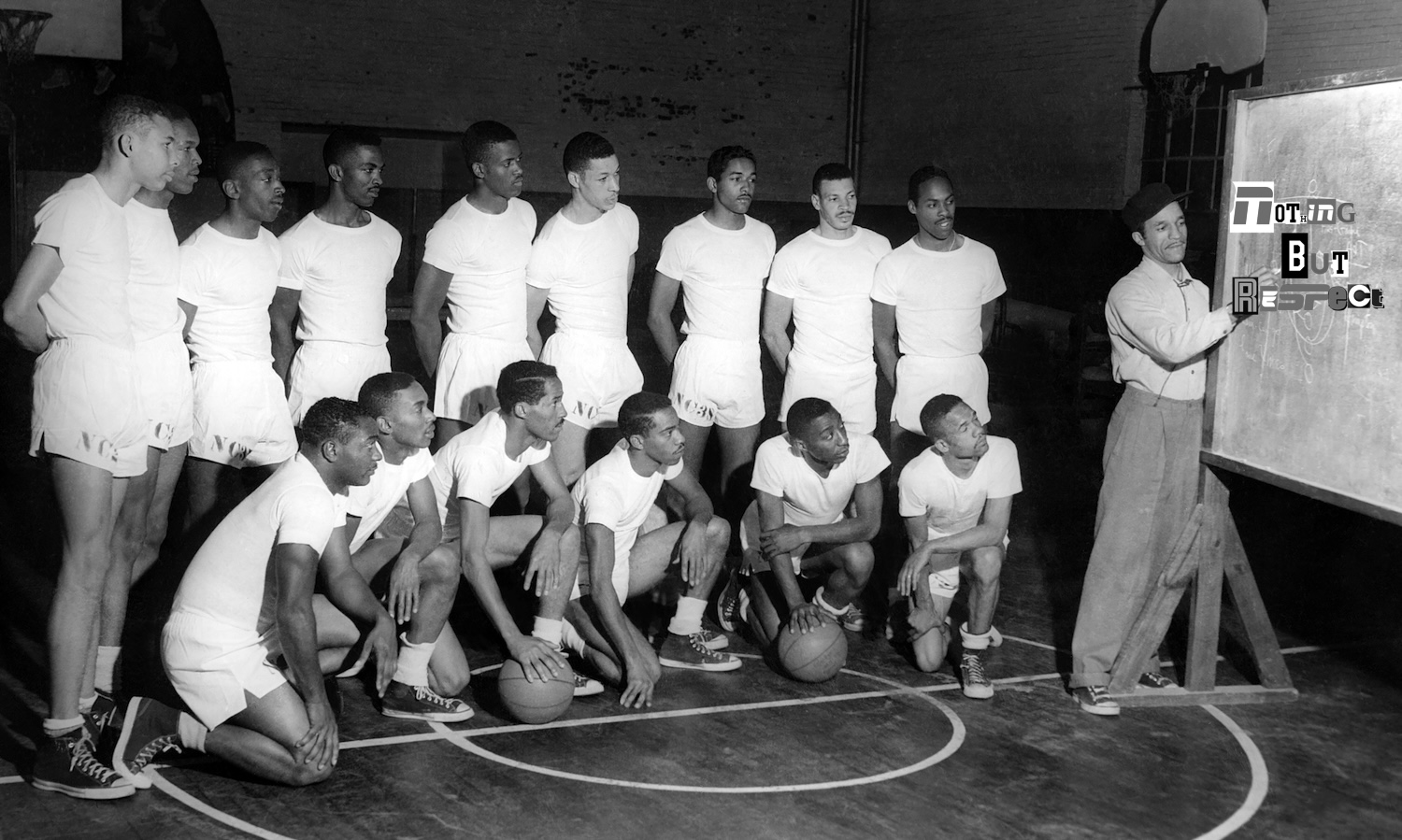 Coach John McLendon showing and discussing play strategy to the players on the chalkboard doing basketball practice in the gym. (Photo by North Carolina Central University via Getty Images)