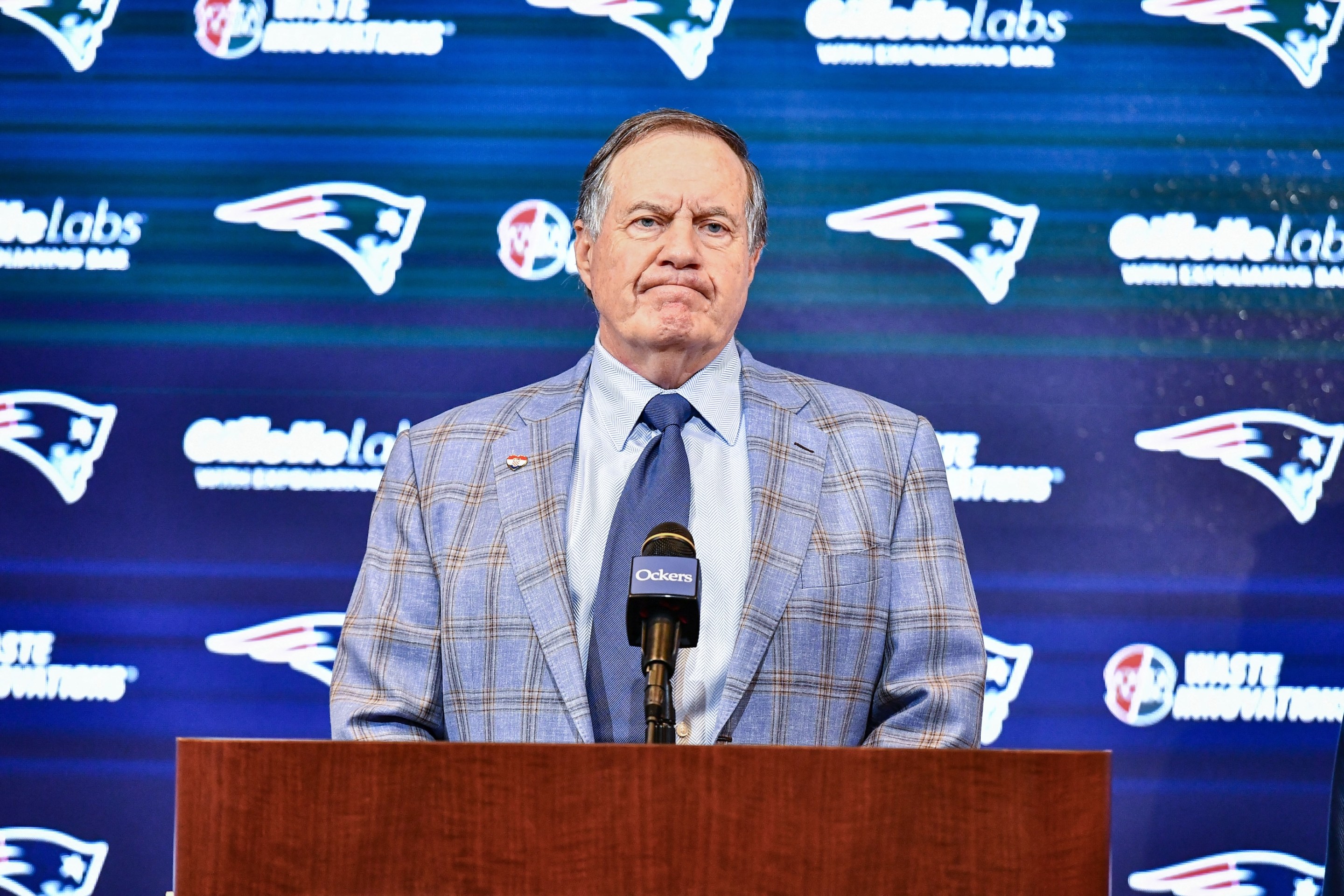 New England Patriots head coach Bill Belichick announces he is leaving the team during a press conference at Gillette Stadium in Foxborough, Massachusetts, on January 11, 2024.