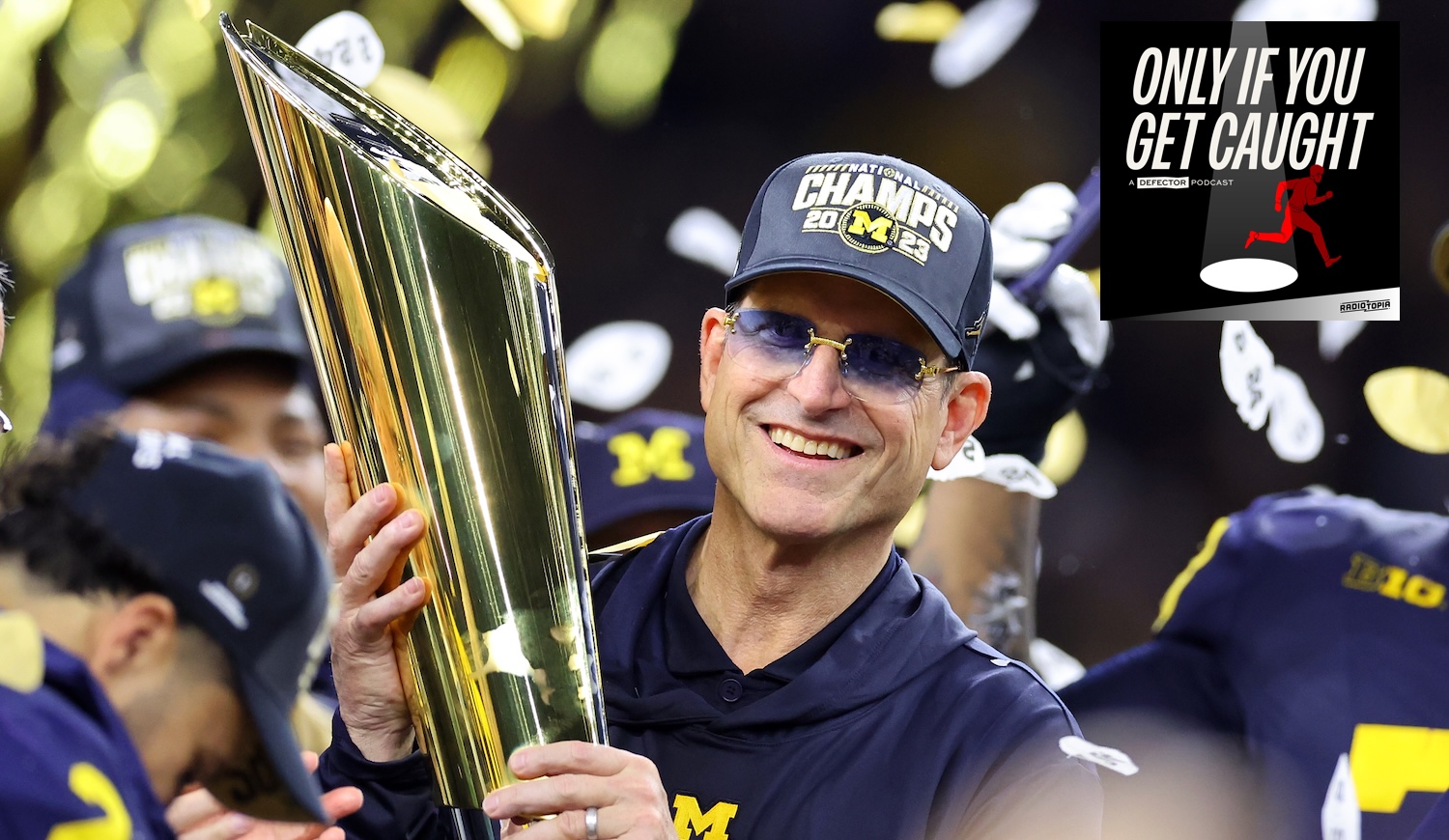 HOUSTON, TEXAS - JANUARY 08: Head coach Jim Harbaugh of the Michigan Wolverines celebrates after defeating the Washington Huskies during the 2024 CFP National Championship game at NRG Stadium on January 08, 2024 in Houston, Texas. Michigan defeated Washington 34-13. (Photo by Stacy Revere/Getty Images)