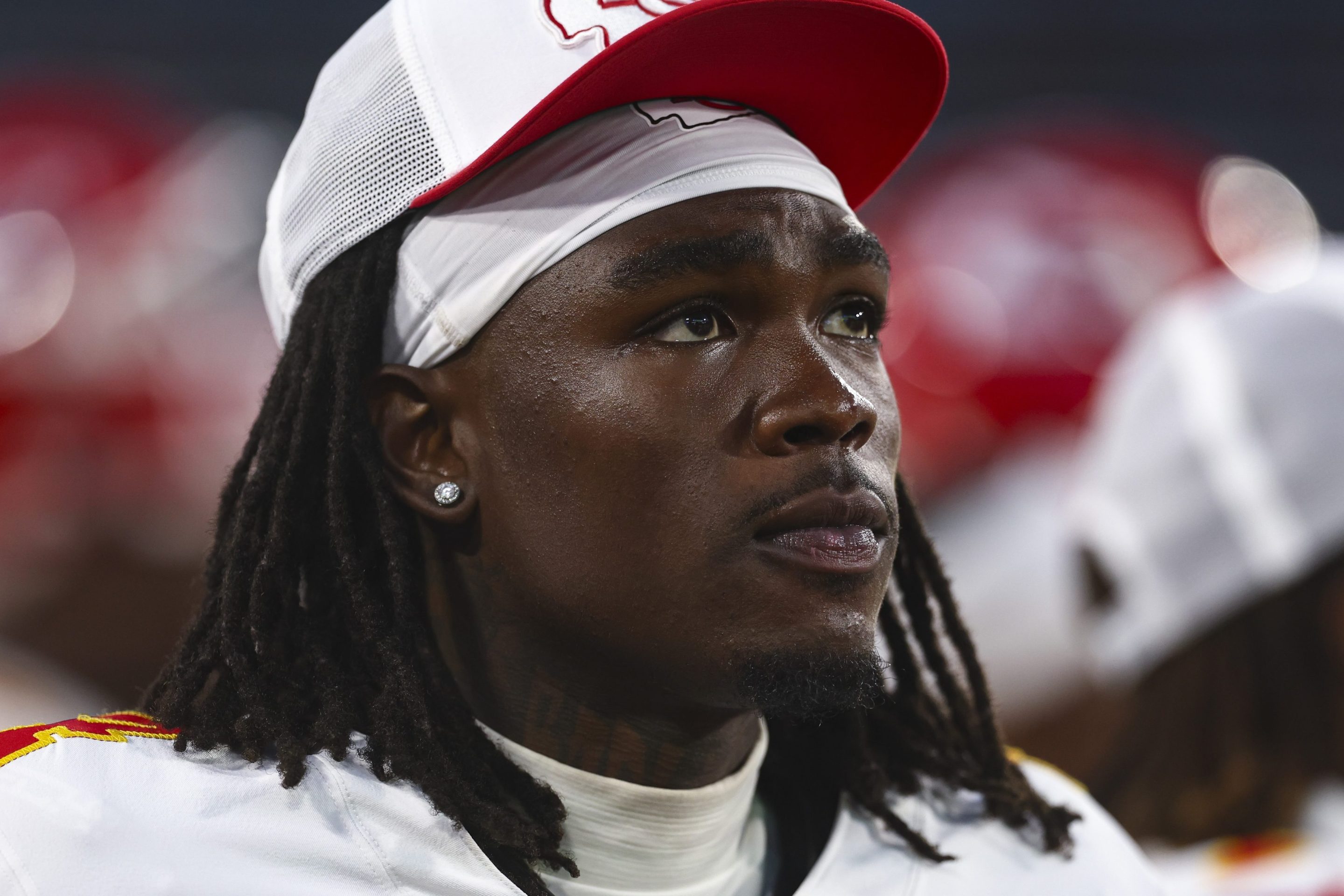 Rashee Rice #4 of the Kansas City Chiefs stands on the sidelines during an NFL preseason football game against the Jacksonville Jaguars at EverBank Stadium on August 10, 2024 in Jacksonville, Florida.