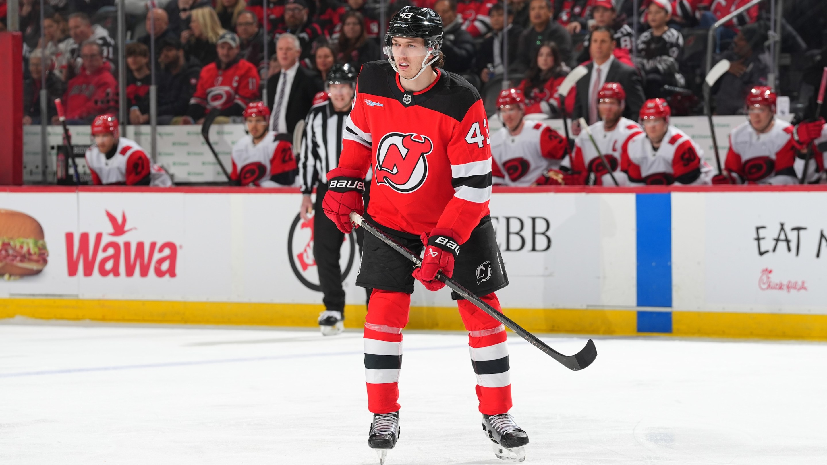 NEWARK, NJ - JANUARY 04: Luke Hughes #43 of the New Jersey Devils skates during the first period of the game against the Carolina Hurricanes on January 4, 2026 at the Prudential Center in Newark, New Jersey. (Photo by Rich Graessle/NHLI via Getty Images)
