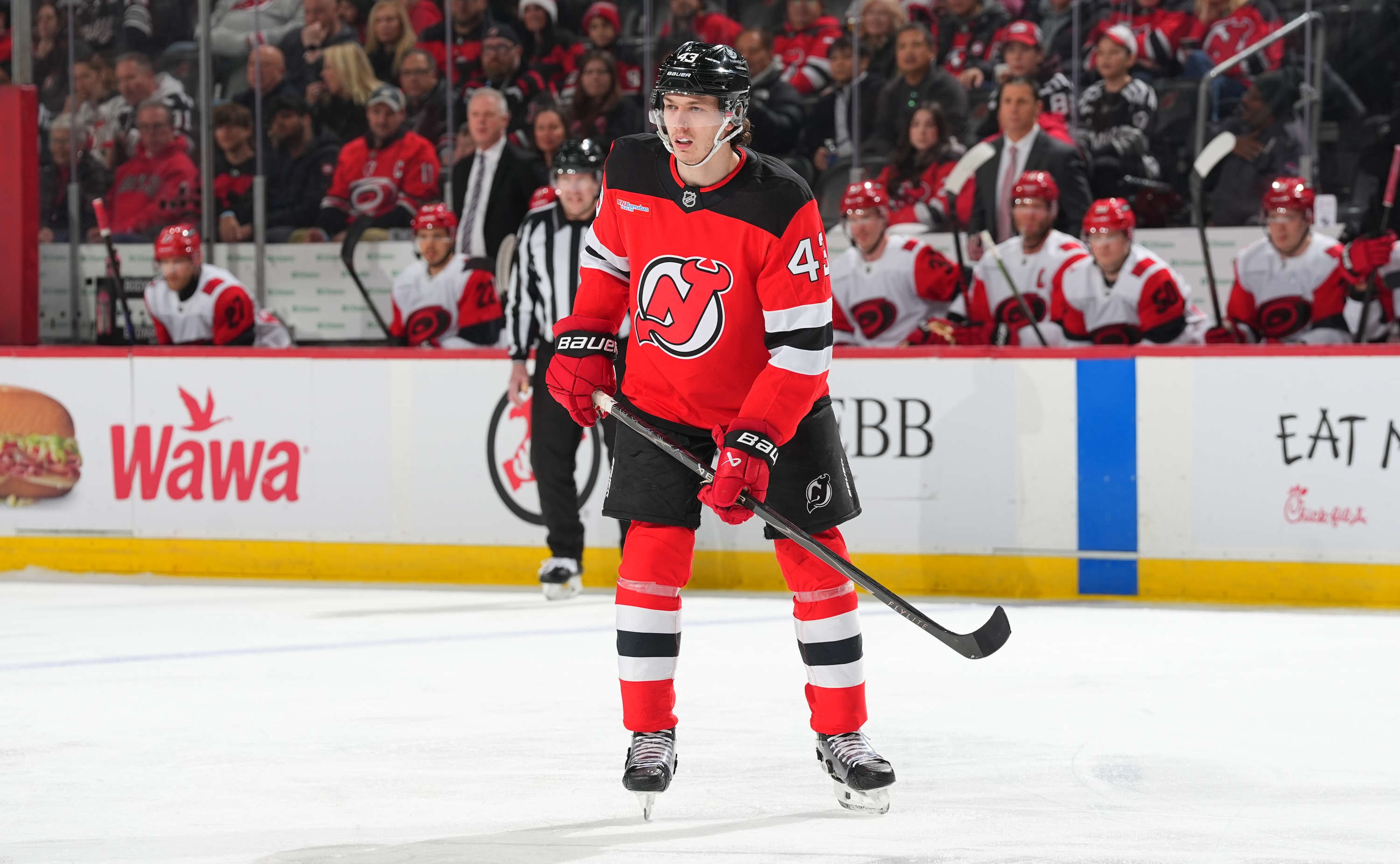 NEWARK, NJ - JANUARY 04: Luke Hughes #43 of the New Jersey Devils skates during the first period of the game against the Carolina Hurricanes on January 4, 2026 at the Prudential Center in Newark, New Jersey. (Photo by Rich Graessle/NHLI via Getty Images)