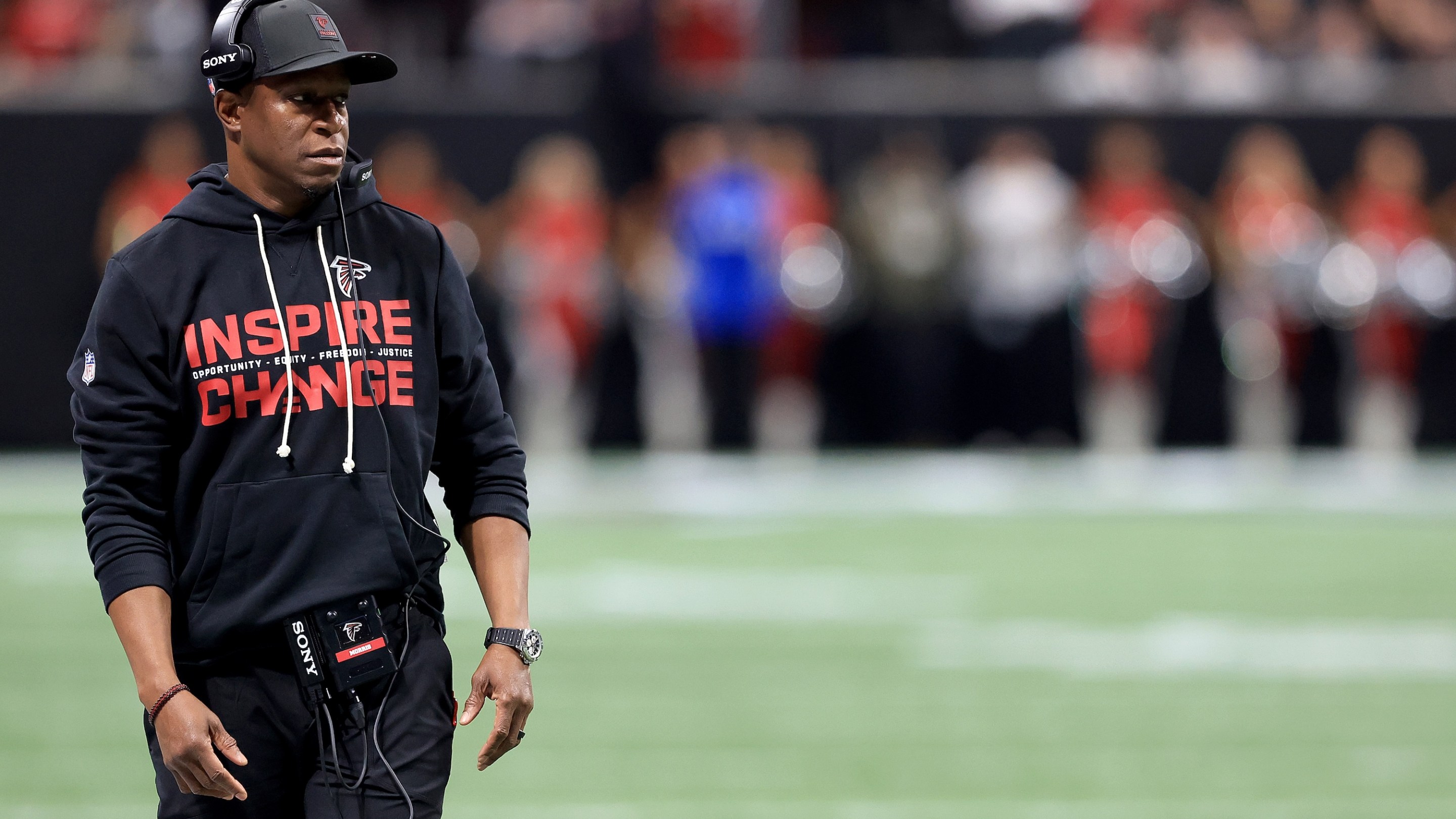 ATLANTA, GA - JANUARY 04: Falcons head coach Raheem Morris on the sidelines during the week 18 NFL game between the Atlanta Falcons and the New Orleans Saints on Sunday January 4, 2026 at the Mercedes-Banz Stadium in Atlanta, Georgia. (Photo by David J. Griffin/Icon Sportswire via Getty Images)