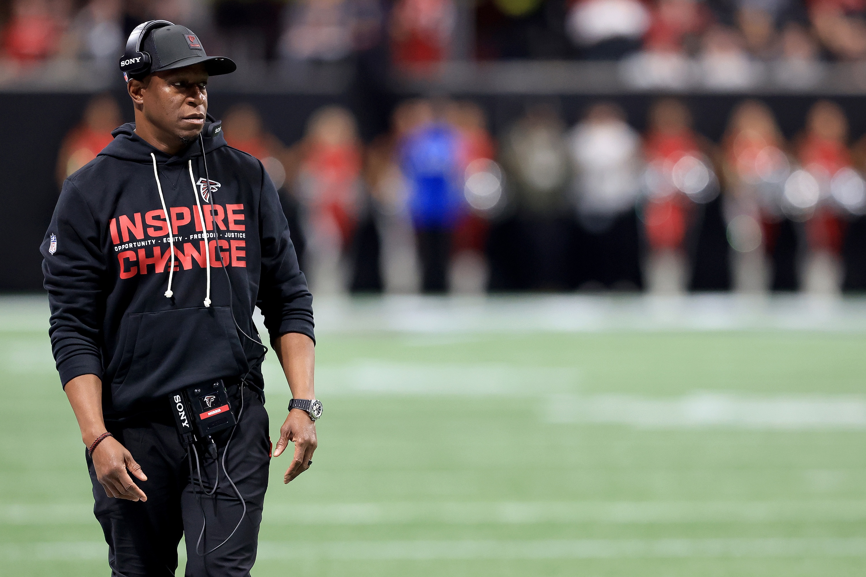 ATLANTA, GA - JANUARY 04: Falcons head coach Raheem Morris on the sidelines during the week 18 NFL game between the Atlanta Falcons and the New Orleans Saints on Sunday January 4, 2026 at the Mercedes-Banz Stadium in Atlanta, Georgia. (Photo by David J. Griffin/Icon Sportswire via Getty Images)