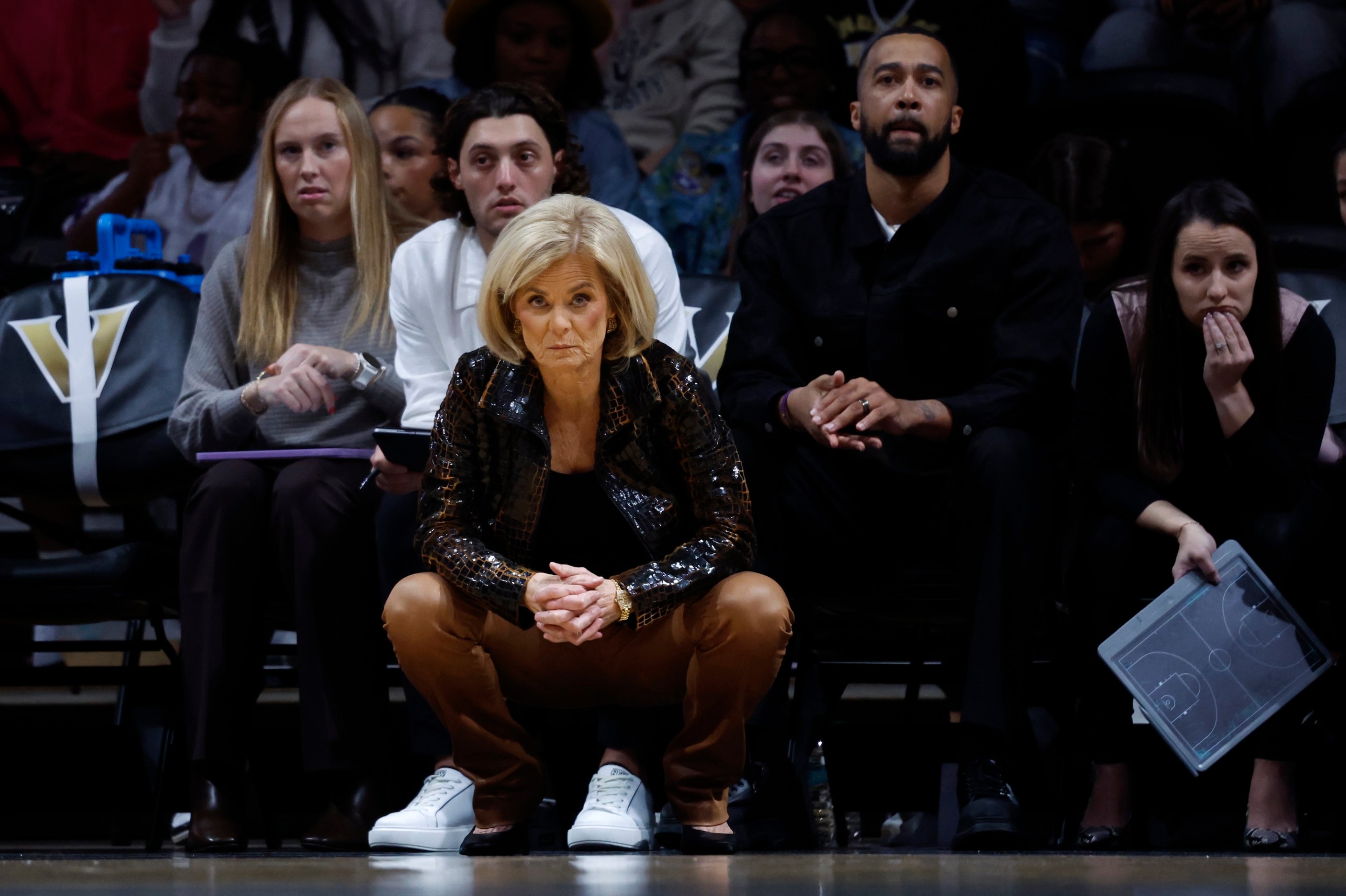 LSU Tigers head coach Kim Mulkey during a game between the Vanderbilt Commodores and LSU Tigers, January 4, 2025, at Memorial Gymnasium in Nashville, Tennessee.