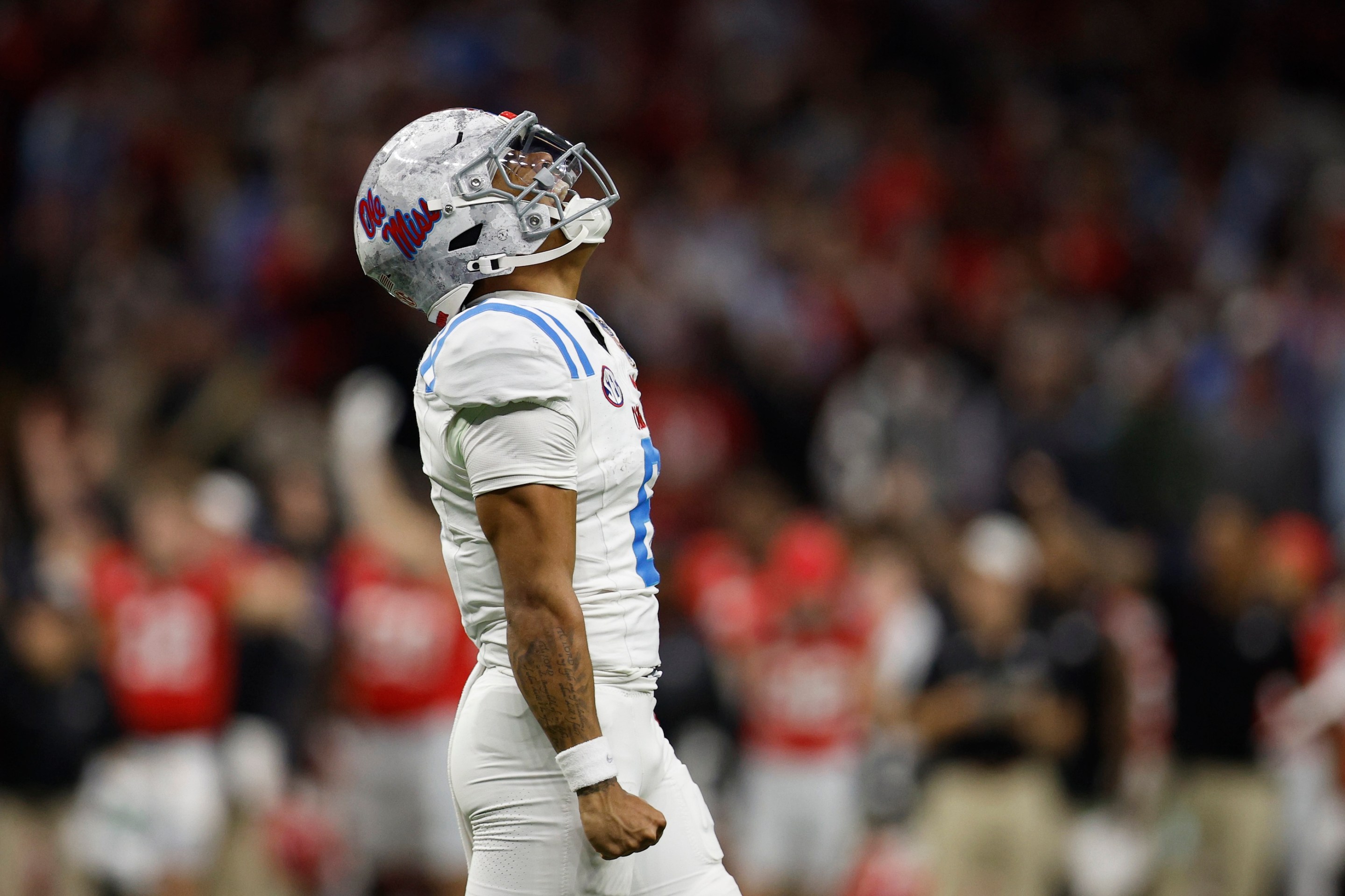Trinidad Chambliss #6 of the Ole Miss Rebels celebrates a touchdown during the third quarter against the Georgia Bulldogs during the 2025 College Football Playoff Quarterfinal in the Sugar Bowl.