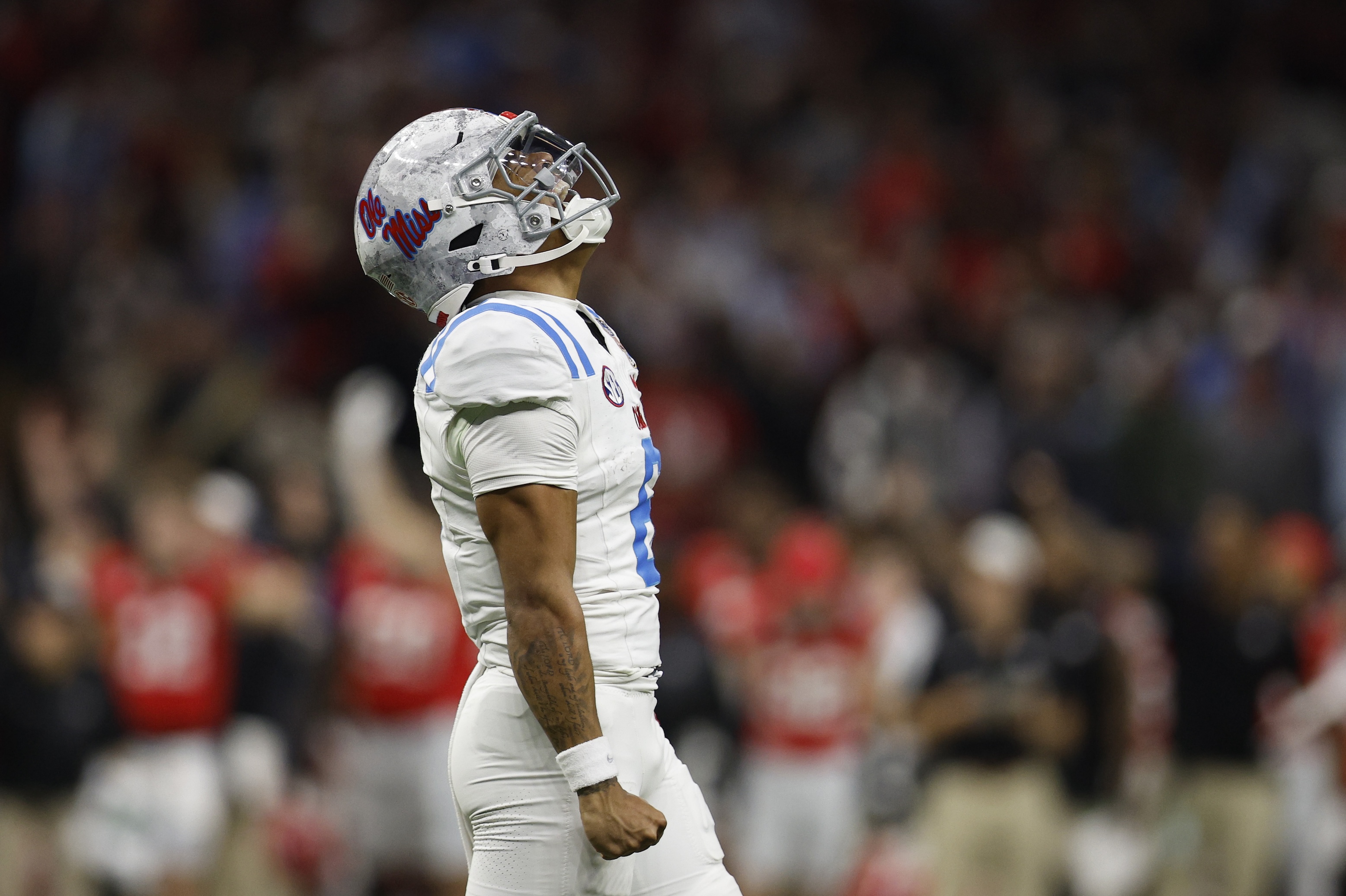 Trinidad Chambliss #6 of the Ole Miss Rebels celebrates a touchdown during the third quarter against the Georgia Bulldogs during the 2025 College Football Playoff Quarterfinal in the Sugar Bowl.