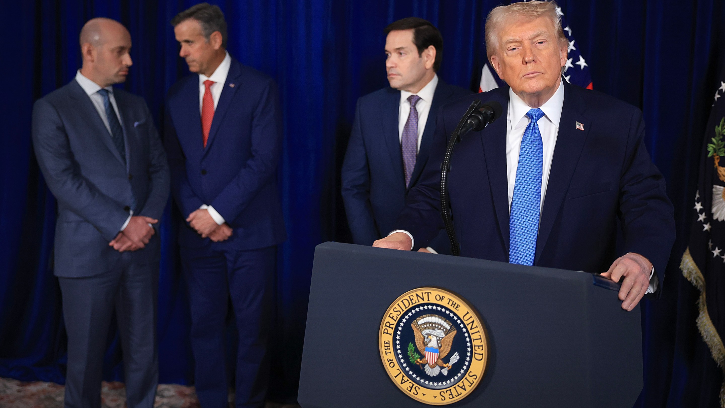 PALM BEACH, FLORIDA - JANUARY 03: U.S. President Donald Trump addresses the media during a news conference at his Mar-a-Lago club on January 03, 2026, in Palm Beach, Florida. President Trump confirmed that the United States military carried out a large-scale strike in Caracas overnight, resulting in the capture of Venezuelan leader Nicolás Maduro and his wife, Cilia Flores. (Photo by Joe Raedle/Getty Images)