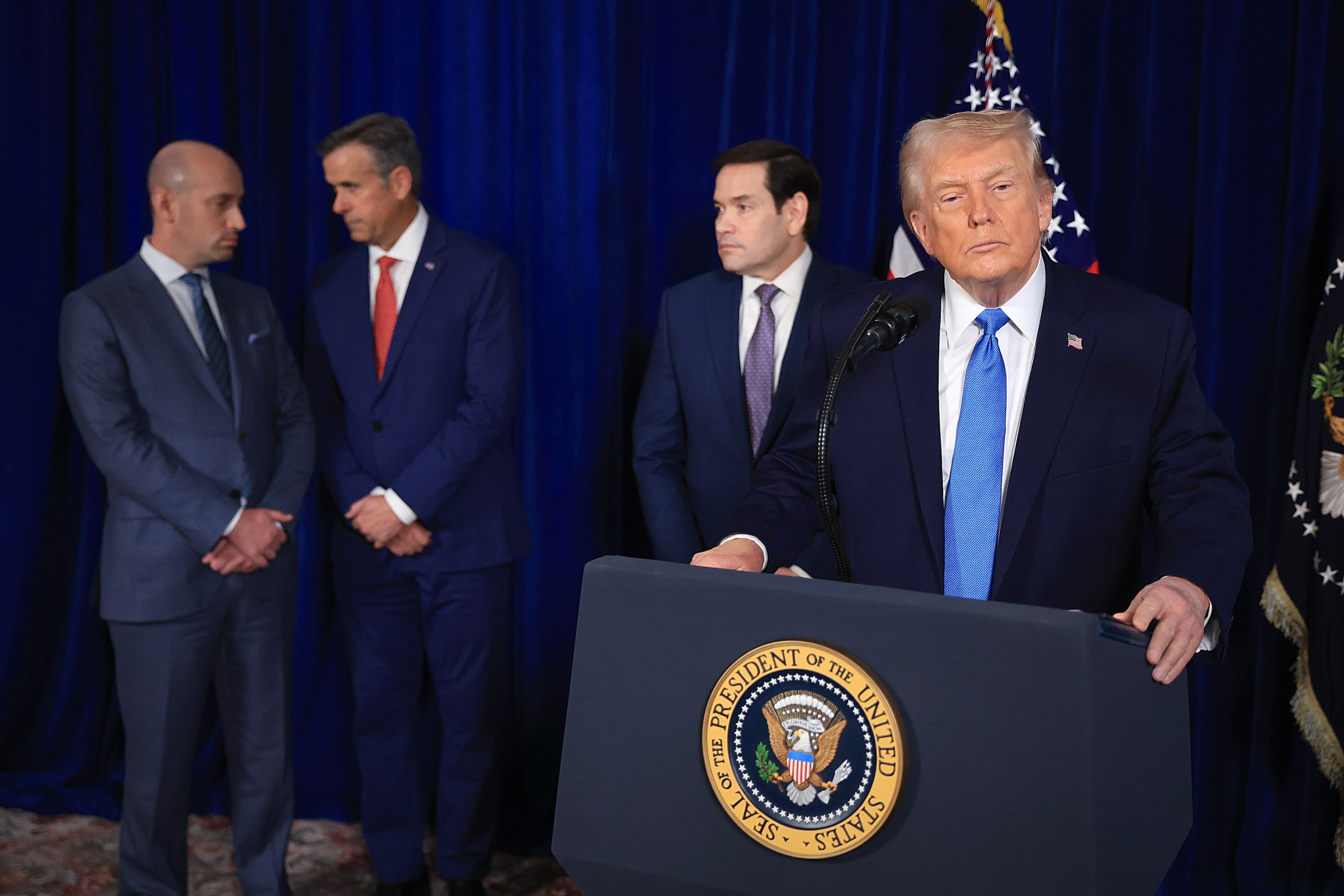 PALM BEACH, FLORIDA - JANUARY 03: U.S. President Donald Trump addresses the media during a news conference at his Mar-a-Lago club on January 03, 2026, in Palm Beach, Florida. President Trump confirmed that the United States military carried out a large-scale strike in Caracas overnight, resulting in the capture of Venezuelan leader Nicolás Maduro and his wife, Cilia Flores. (Photo by Joe Raedle/Getty Images)