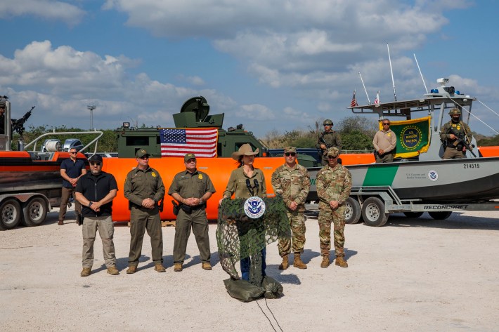 Secretary of Homeland Security Kristi Noem speaks at a news conference on January 7, 2026 in Brownsville, Texas.