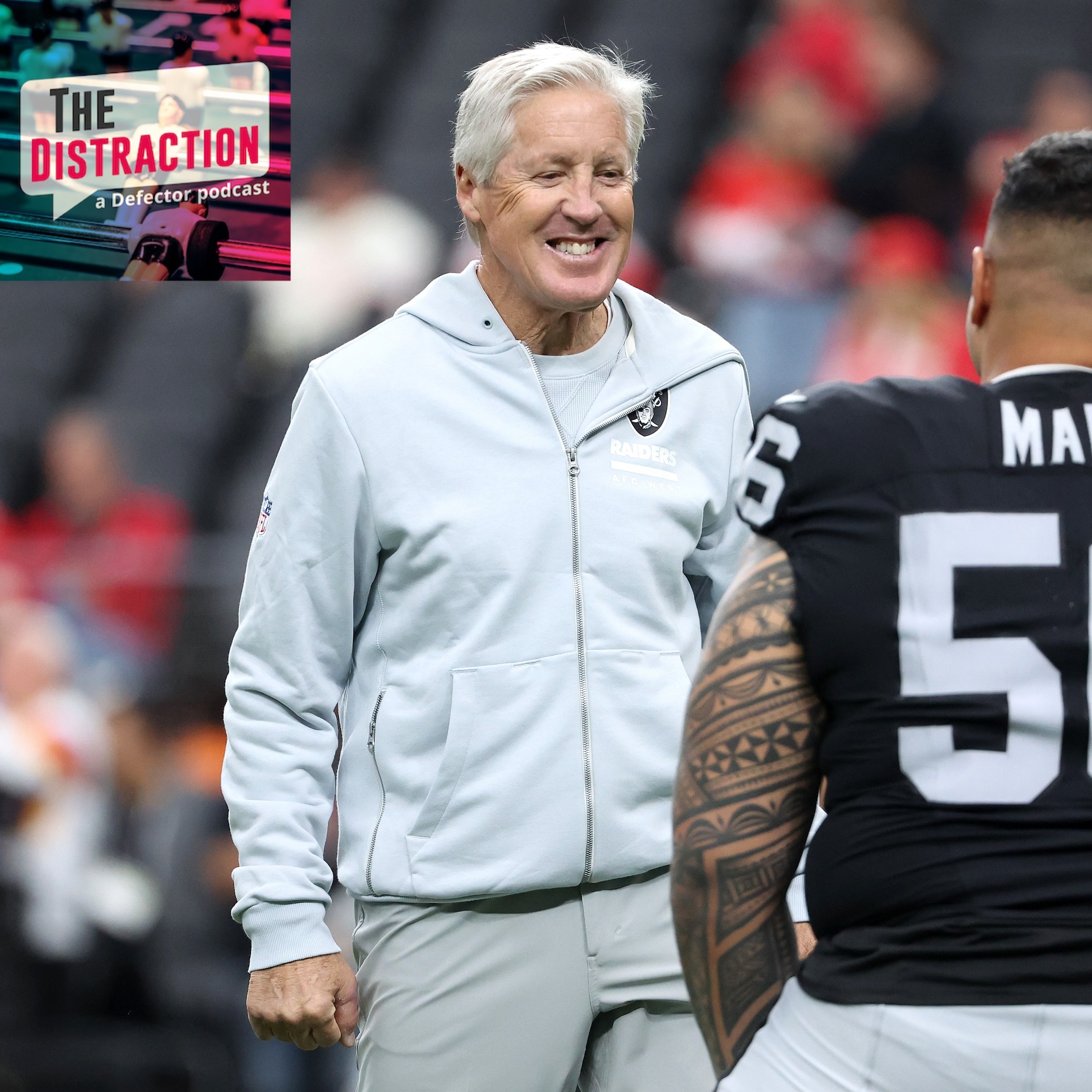 Head coach Pete Carroll of the Las Vegas Raiders speaks with Atonio Mafi #56 prior to the game against the Kansas City Chiefs on January 4. The Raiders actually won this one but fired Carroll shortly after.
