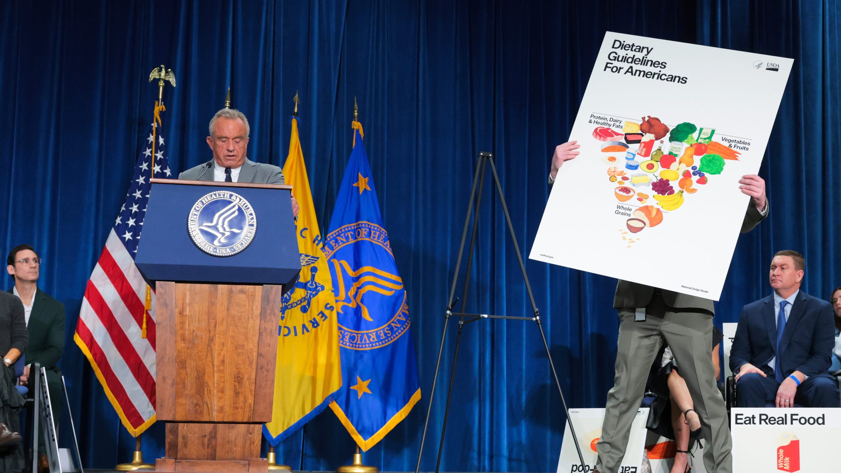 WASHINGTON, DC - JANUARY 08: U.S. Secretary of Health and Human Services Robert F. Kennedy Jr. unveils the department's new dietary guidelines food chart during a policy announcement event at the U.S. Department of Health and Human Services on January 8, 2026 in Washington, DC. The Trump administration announced new dietary guidelines on Wednesday including an emphasis on proteins and full-fat dairy, and limits on processed foods. (Photo by Anna Moneymaker/Getty Images)
