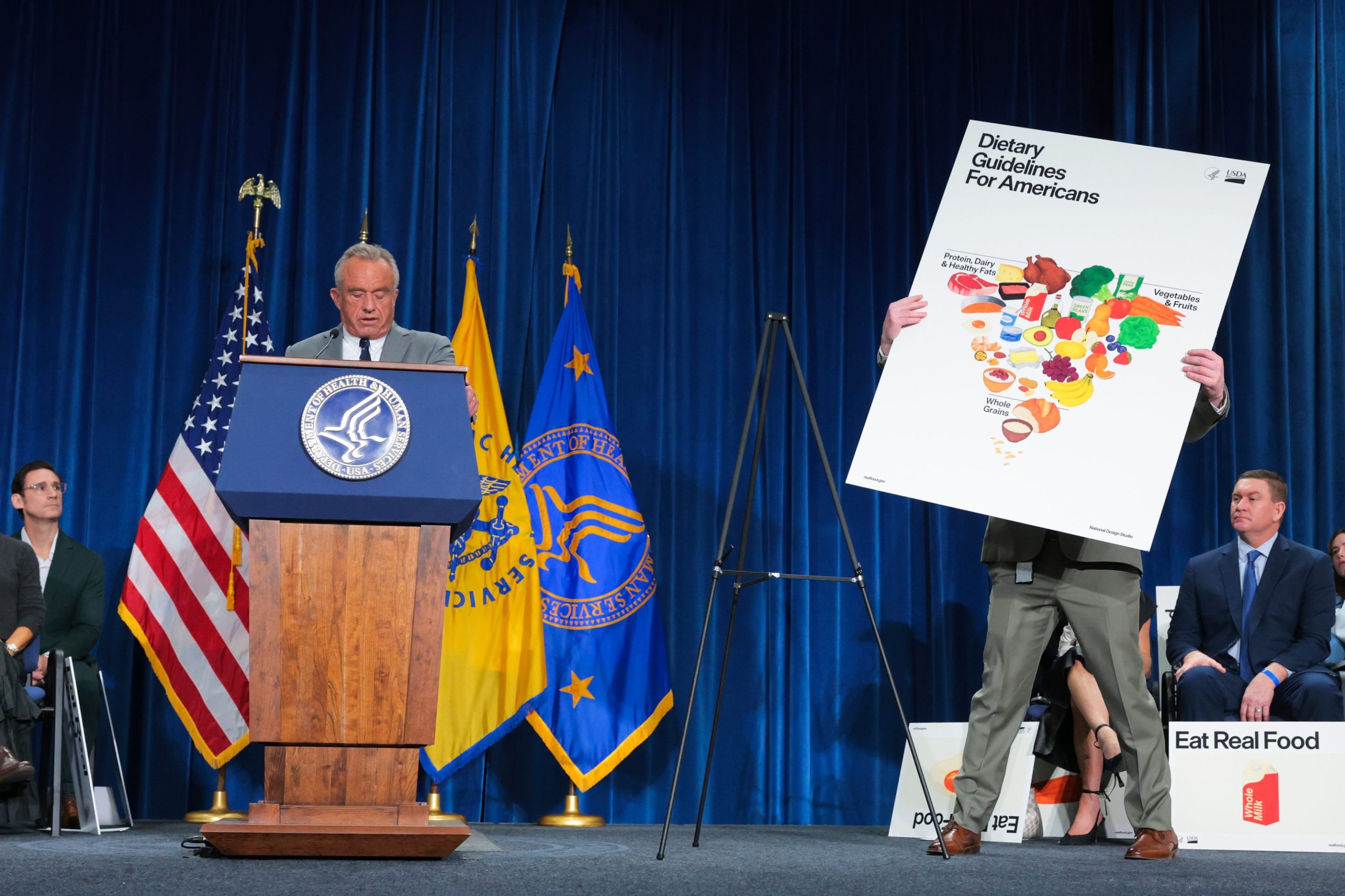 WASHINGTON, DC - JANUARY 08: U.S. Secretary of Health and Human Services Robert F. Kennedy Jr. unveils the department's new dietary guidelines food chart during a policy announcement event at the U.S. Department of Health and Human Services on January 8, 2026 in Washington, DC. The Trump administration announced new dietary guidelines on Wednesday including an emphasis on proteins and full-fat dairy, and limits on processed foods. (Photo by Anna Moneymaker/Getty Images)