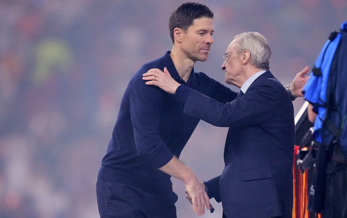 Xabi Alonso head coach of Real Madrid and Real Madrid president Florentino Perez greet after the Spanish Super Cup final match between FC Barcelona and Real Madrid at King Abdullah Sports City Hall Stadium on January 11, 2026 in Jeddah, Saudi Arabia.