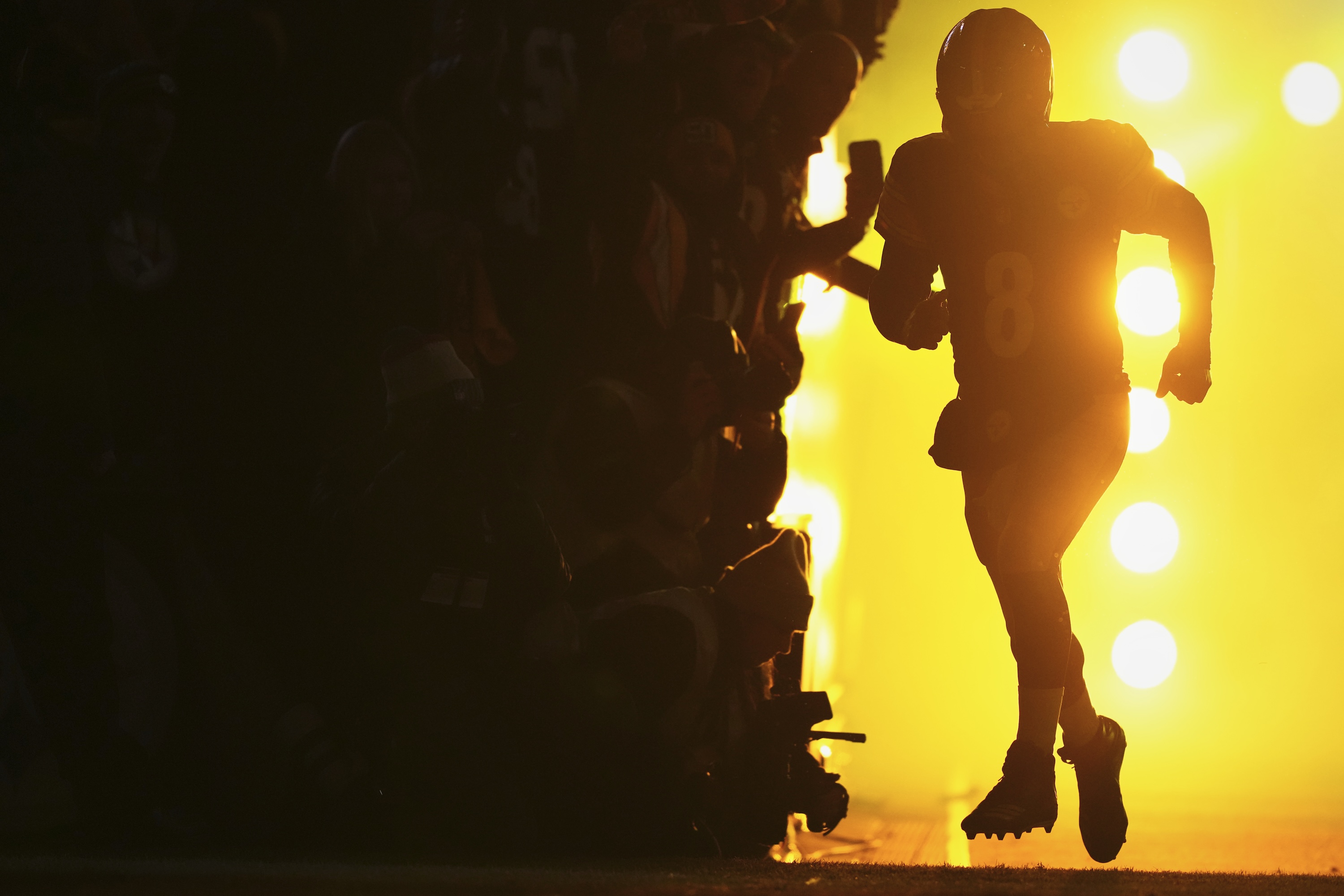 PITTSBURGH, PA - JANUARY 12: Aaron Rodgers #8 of the Pittsburgh Steelers takes the field before kickoff against the Houston Texans during an AFC Wild Card Playoff game at Acrisure Stadium on January 12, 2026 in Pittsburgh, Pennsylvania. (Photo by Cooper Neill/Getty Images)
