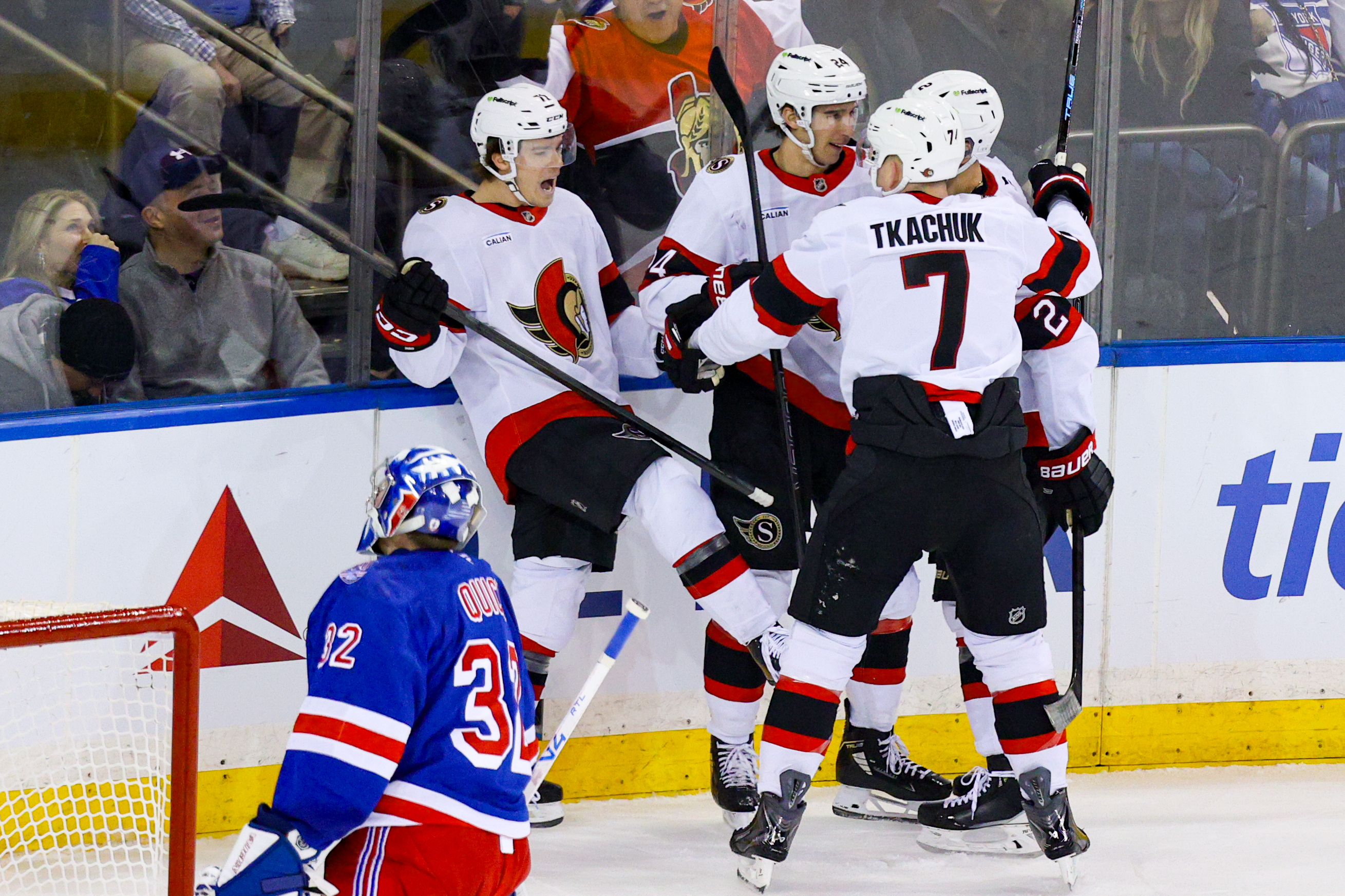 The Ottawa Senators celebrate a goal during the first period of the National Hockey League game between the Ottawa Senators and the New York Rangers