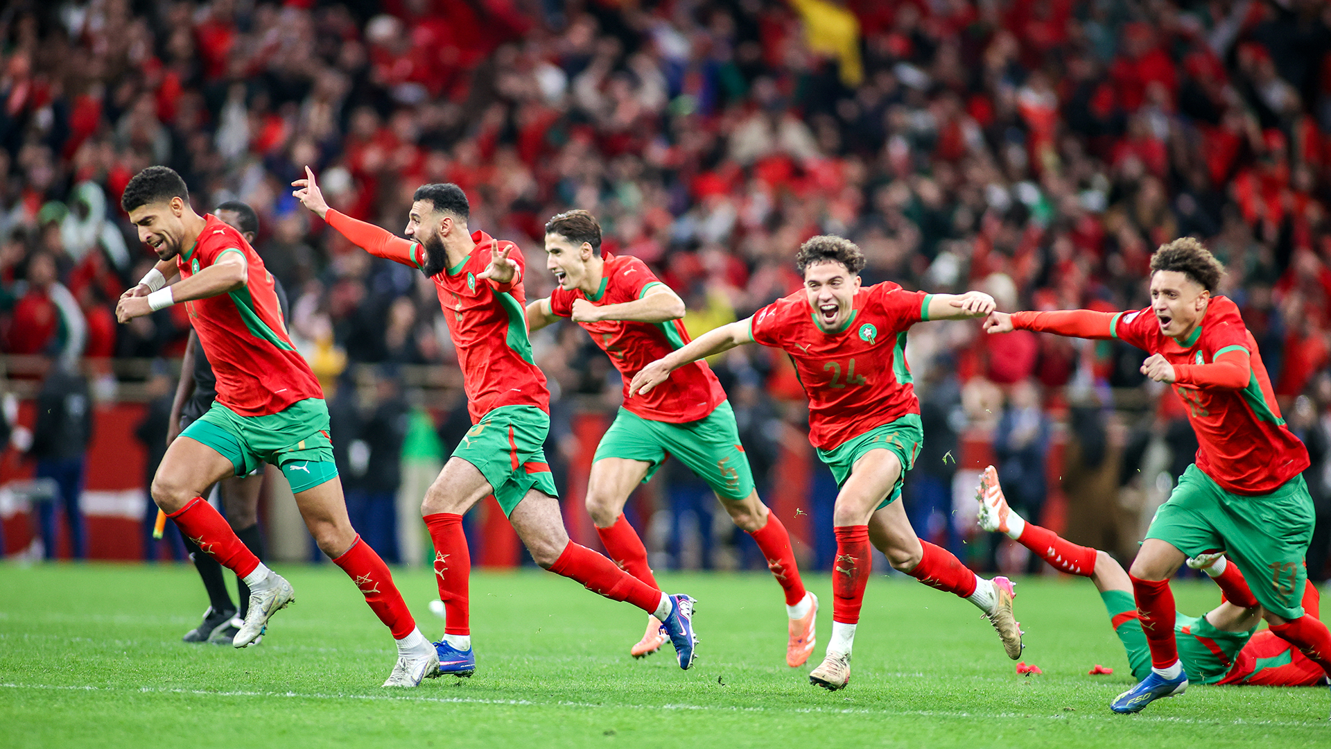 Morocco players celebrating winning the semi-final on penalties during the Africa Cup Of Nations Semi-final match between Nigeria and Morocco at Prince Moulay Abdellah Stadium on January 14, 2026 in Rabat, Morocco.