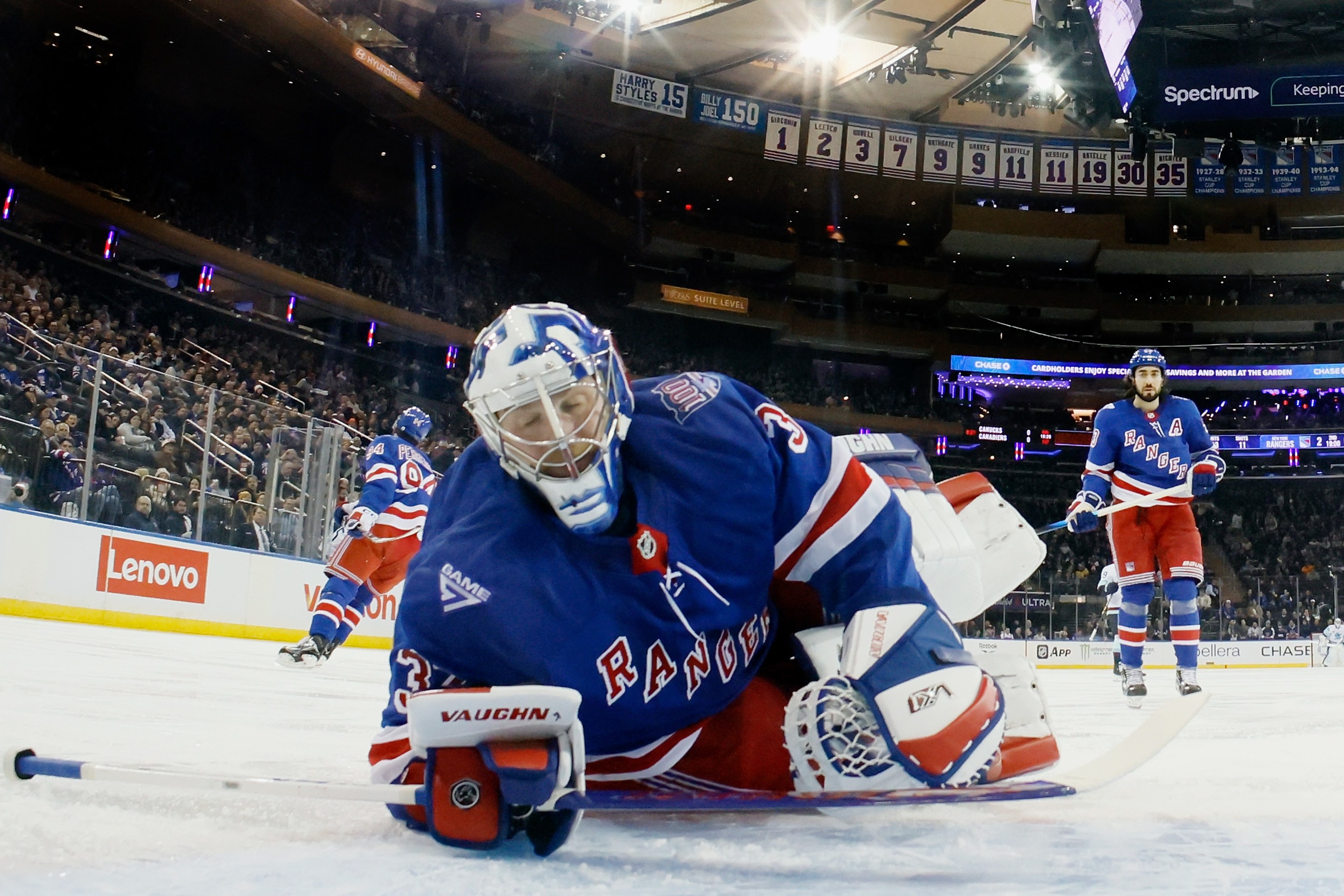 Jonathan Quick #32 of the New York Rangers reacts to a second period goal by Eeli Tolvanen #20 of the Seattle Kraken at Madison Square Garden