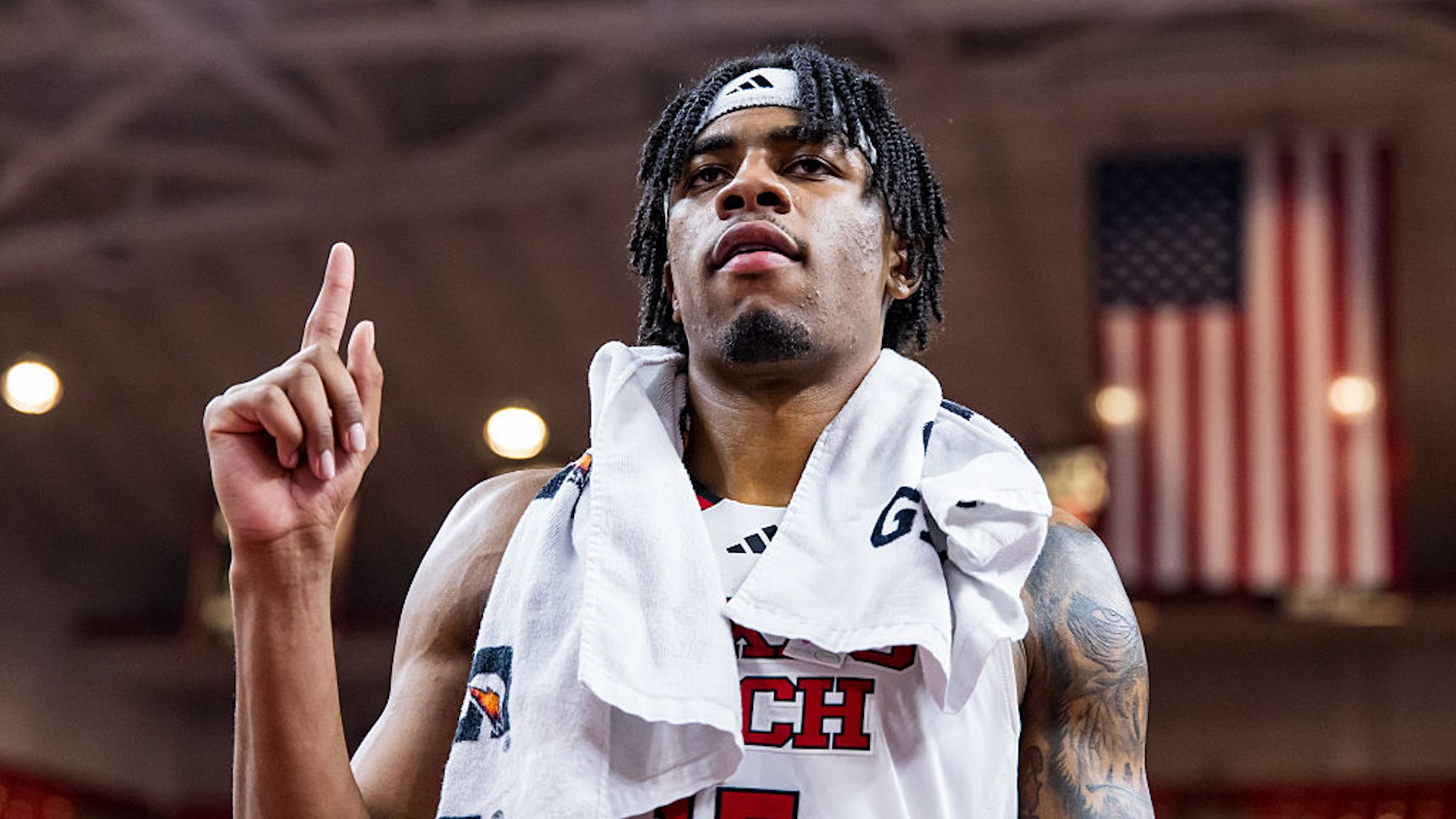 JT Toppin #15 of the Texas Tech Red Raiders stands on the court for "The Matador Song" after the game against the Utah Utes at United Supermarkets Arena on January 14, 2026 in Lubbock, Texas.