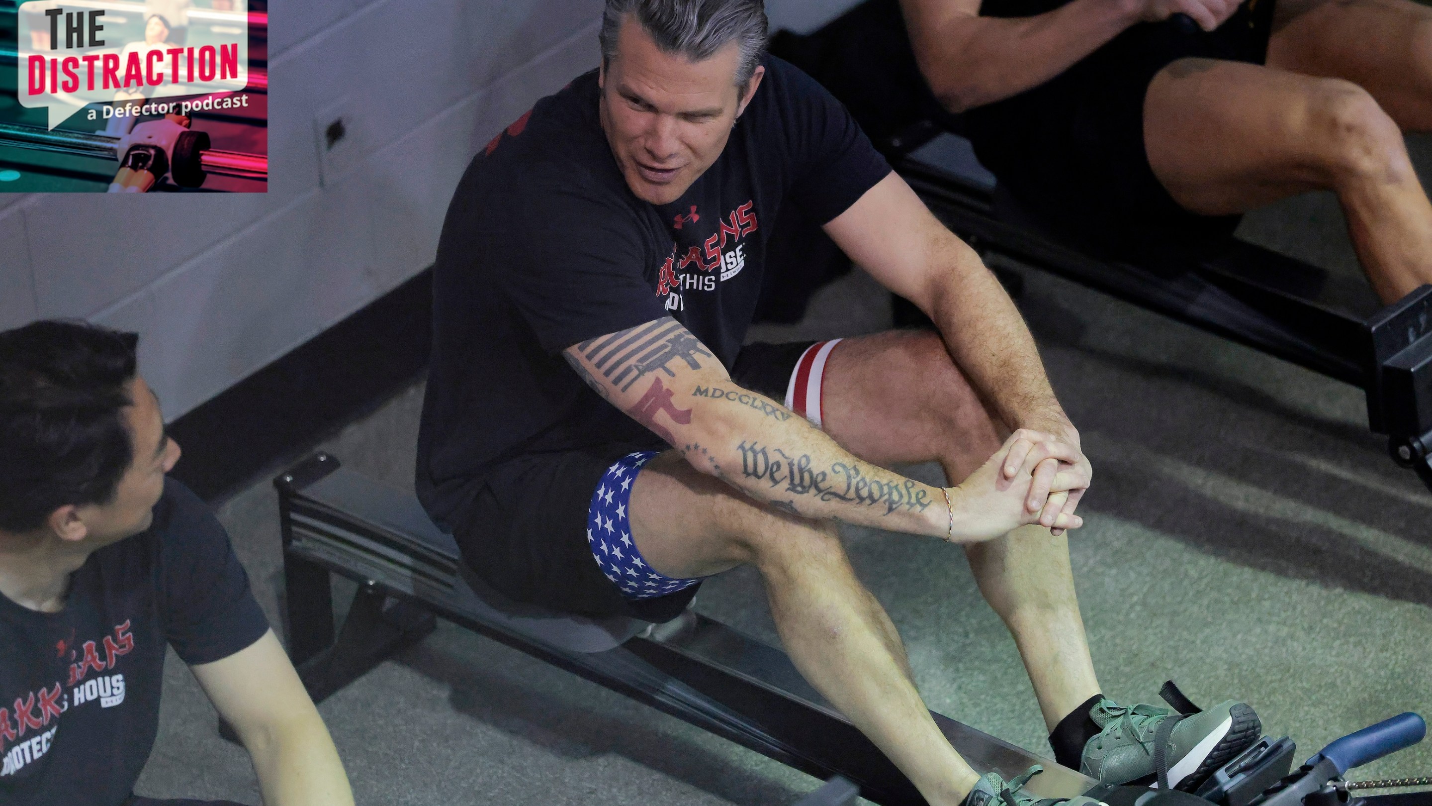 U.S. Secretary of War Pete Hegseth (R) and Japanese Defense Minister Shinjirō Koizumi talk between sets during their workout on January 15, 2026 in Joint Base Myer-Henderson Hall, Virginia.
