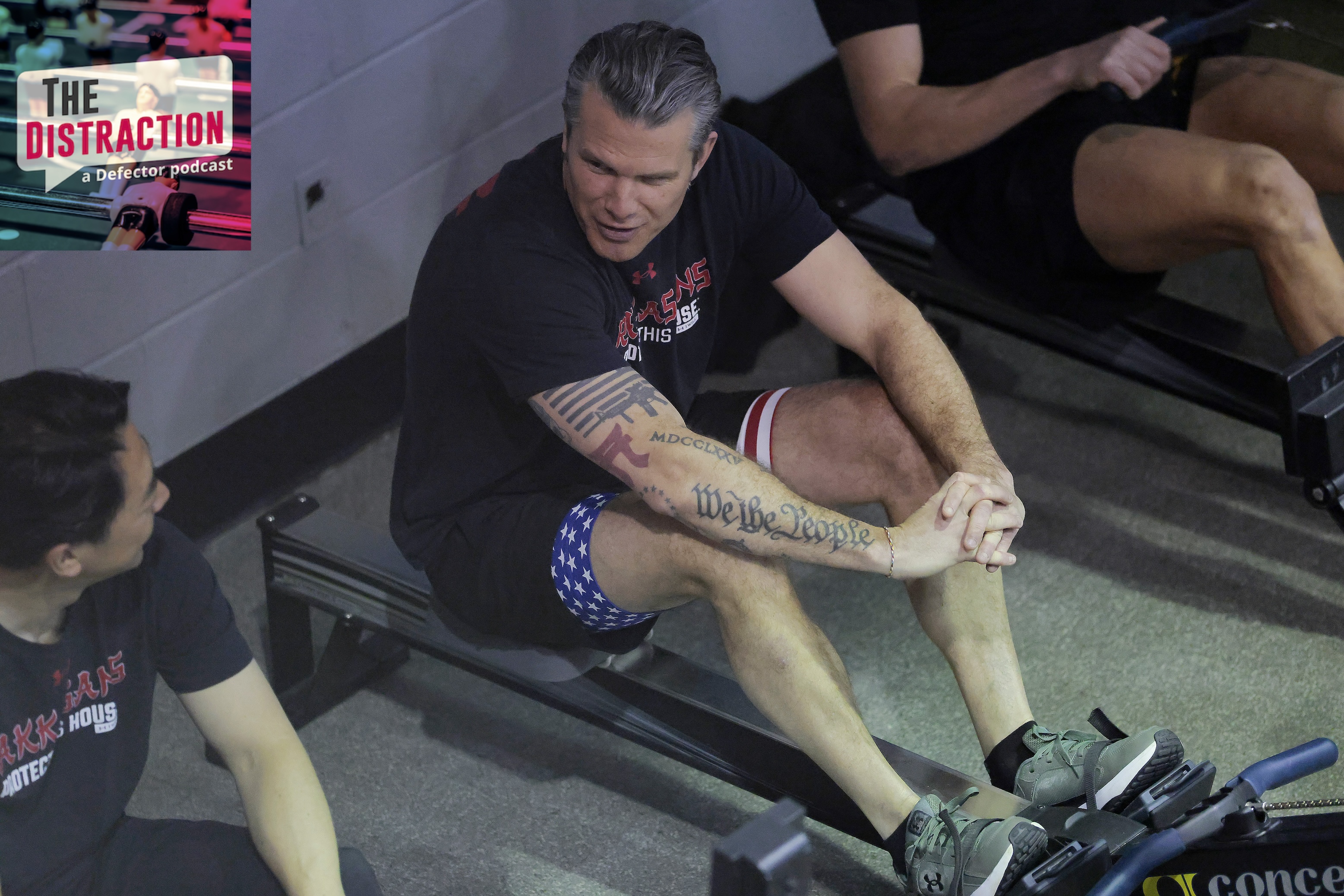 U.S. Secretary of War Pete Hegseth (R) and Japanese Defense Minister Shinjirō Koizumi talk between sets during their workout on January 15, 2026 in Joint Base Myer-Henderson Hall, Virginia.