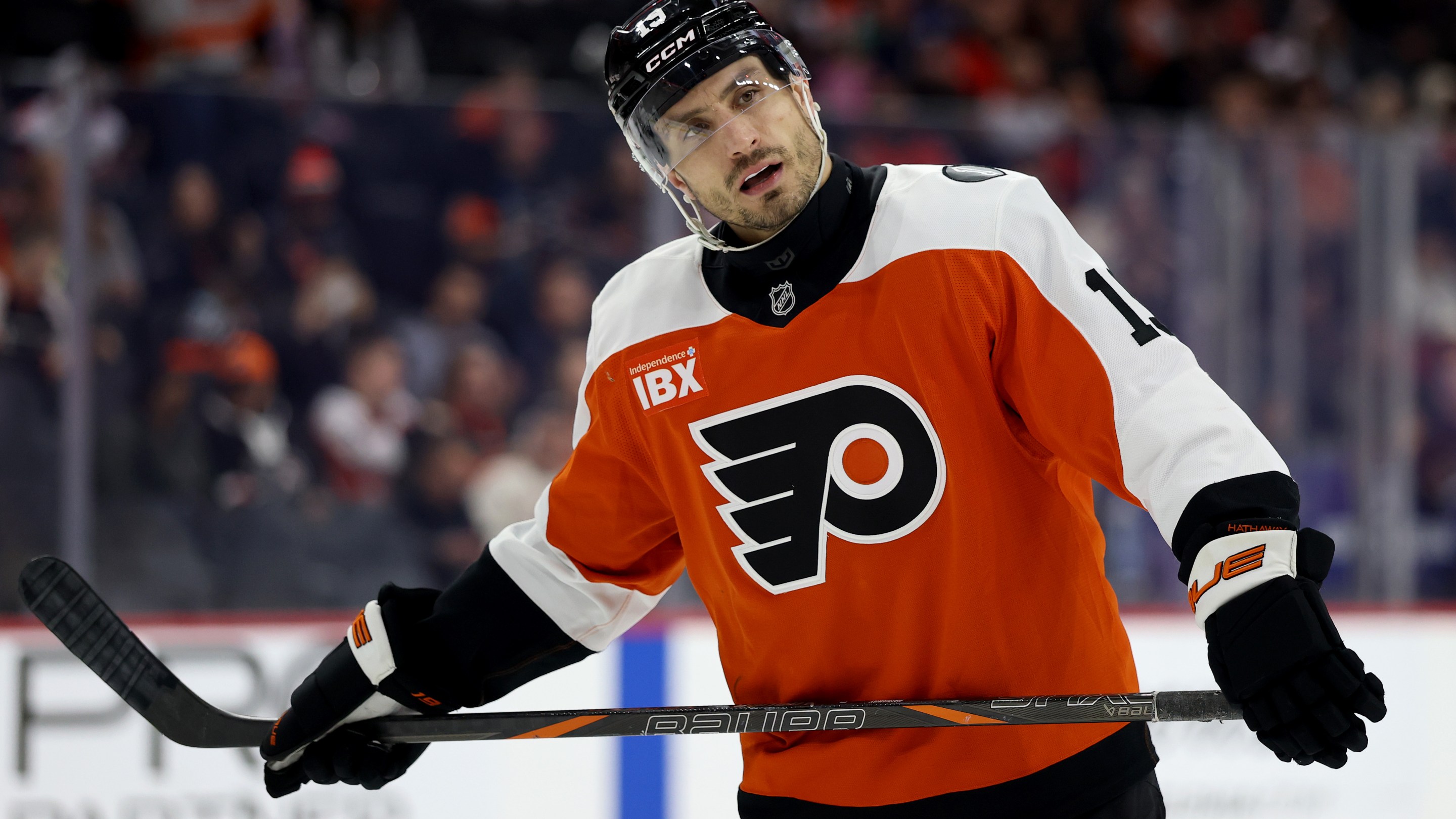 PHILADELPHIA, PENNSYLVANIA - JANUARY 08: Garnet Hathaway #19 of the Philadelphia Flyers looks on during a game against the Toronto Maple Leafs at Xfinity Mobile Arena on January 08, 2026 in Philadelphia, Pennsylvania. (Photo by Emilee Chinn/Getty Images)