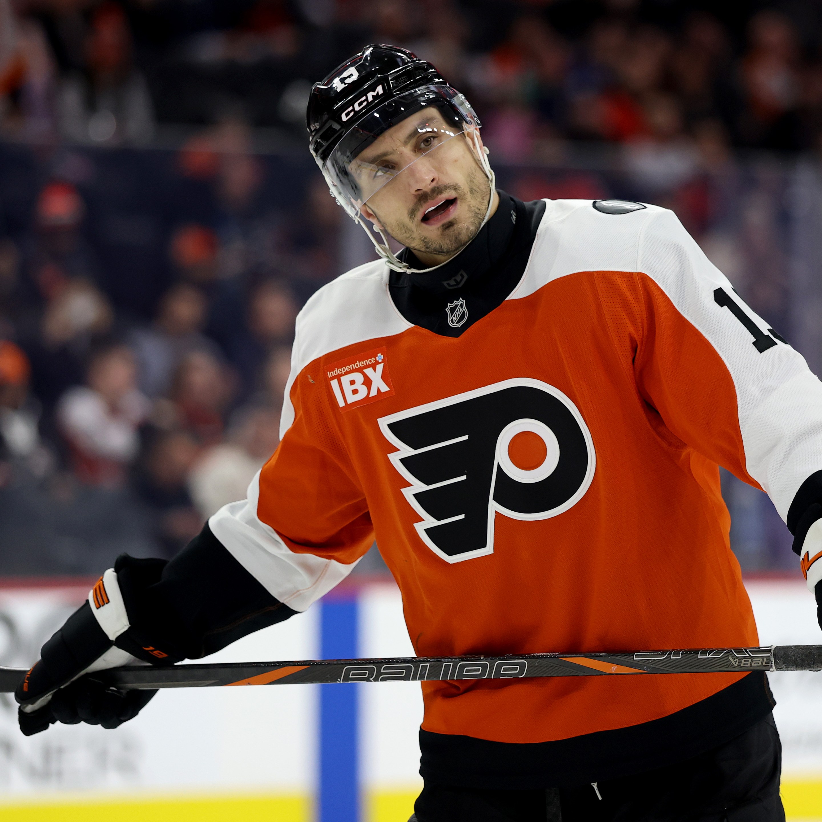 PHILADELPHIA, PENNSYLVANIA - JANUARY 08: Garnet Hathaway #19 of the Philadelphia Flyers looks on during a game against the Toronto Maple Leafs at Xfinity Mobile Arena on January 08, 2026 in Philadelphia, Pennsylvania. (Photo by Emilee Chinn/Getty Images)