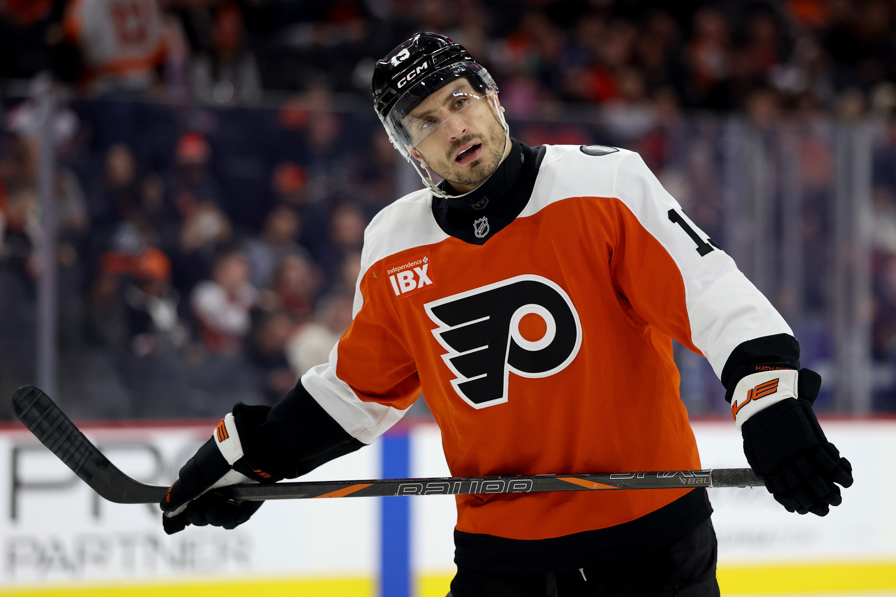 PHILADELPHIA, PENNSYLVANIA - JANUARY 08: Garnet Hathaway #19 of the Philadelphia Flyers looks on during a game against the Toronto Maple Leafs at Xfinity Mobile Arena on January 08, 2026 in Philadelphia, Pennsylvania. (Photo by Emilee Chinn/Getty Images)