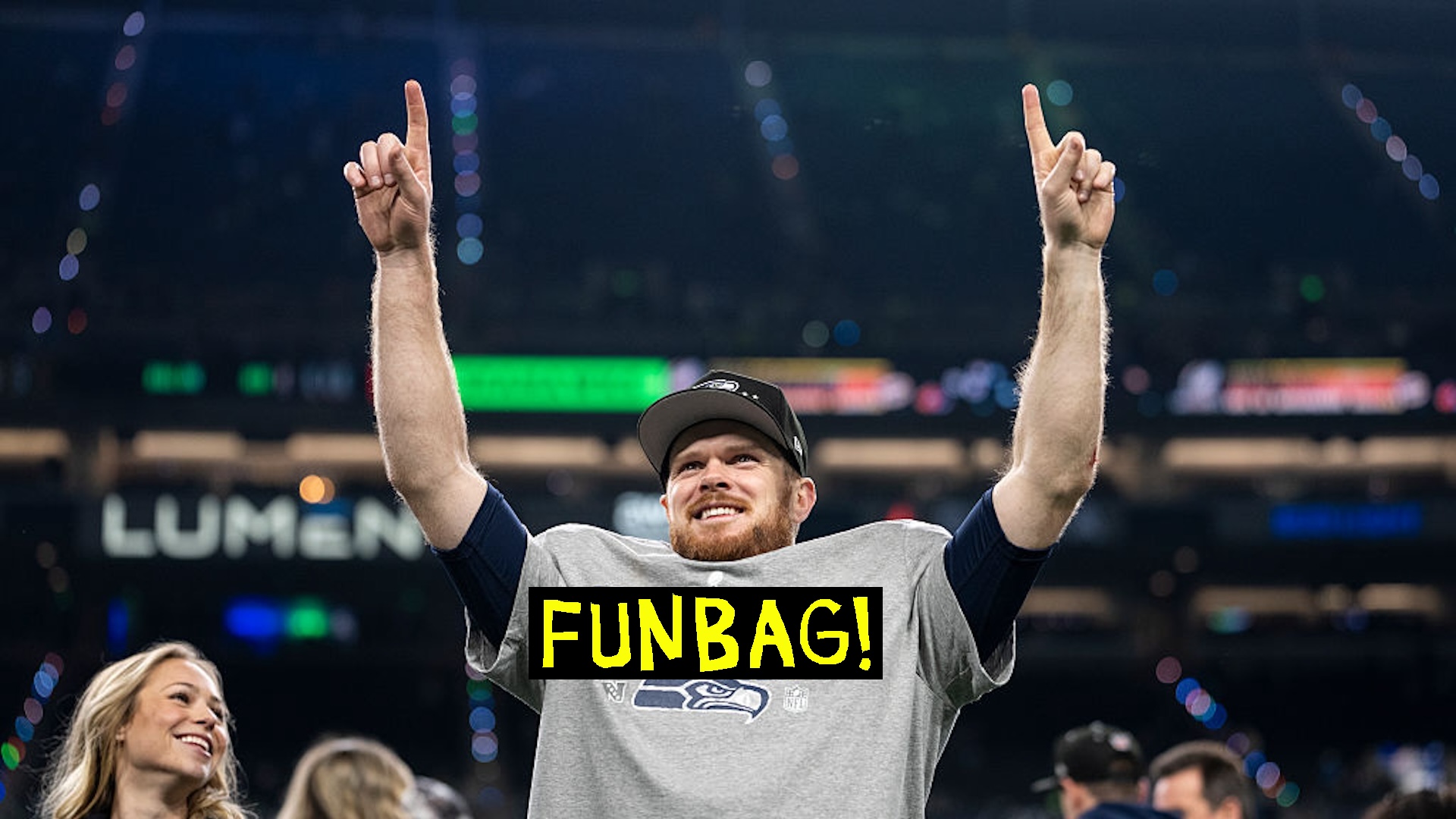 SEATTLE, WASHINGTON - JANUARY 25: Sam Darnold #14 of the Seattle Seahawks celebrates after defeating the Los Angeles Rams an NFC Championship NFL football game at Lumen Field on January 25, 2026 in Seattle, Washington.