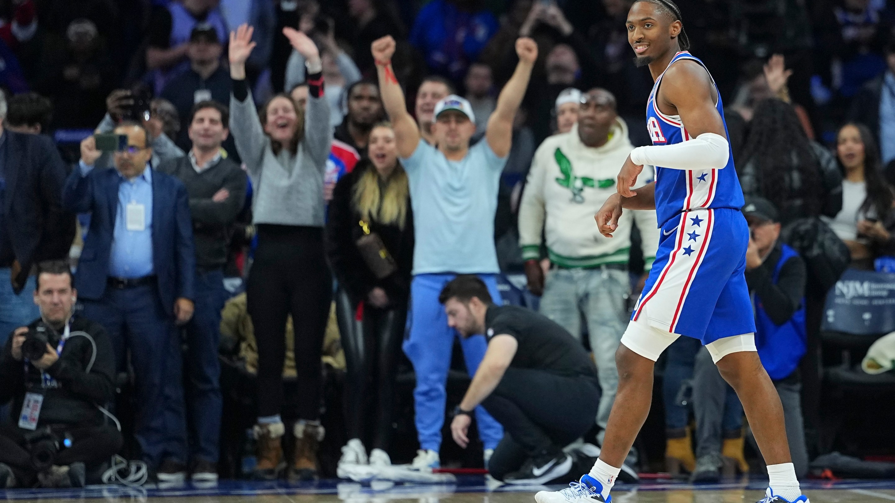 Tyrese Maxey #0 of the Philadelphia 76ers reacts after the game against the Sacramento Kings at Xfinity Mobile Arena on January 29, 2026 in Philadelphia, Pennsylvania. The 76ers defeated the Kings 113-111.