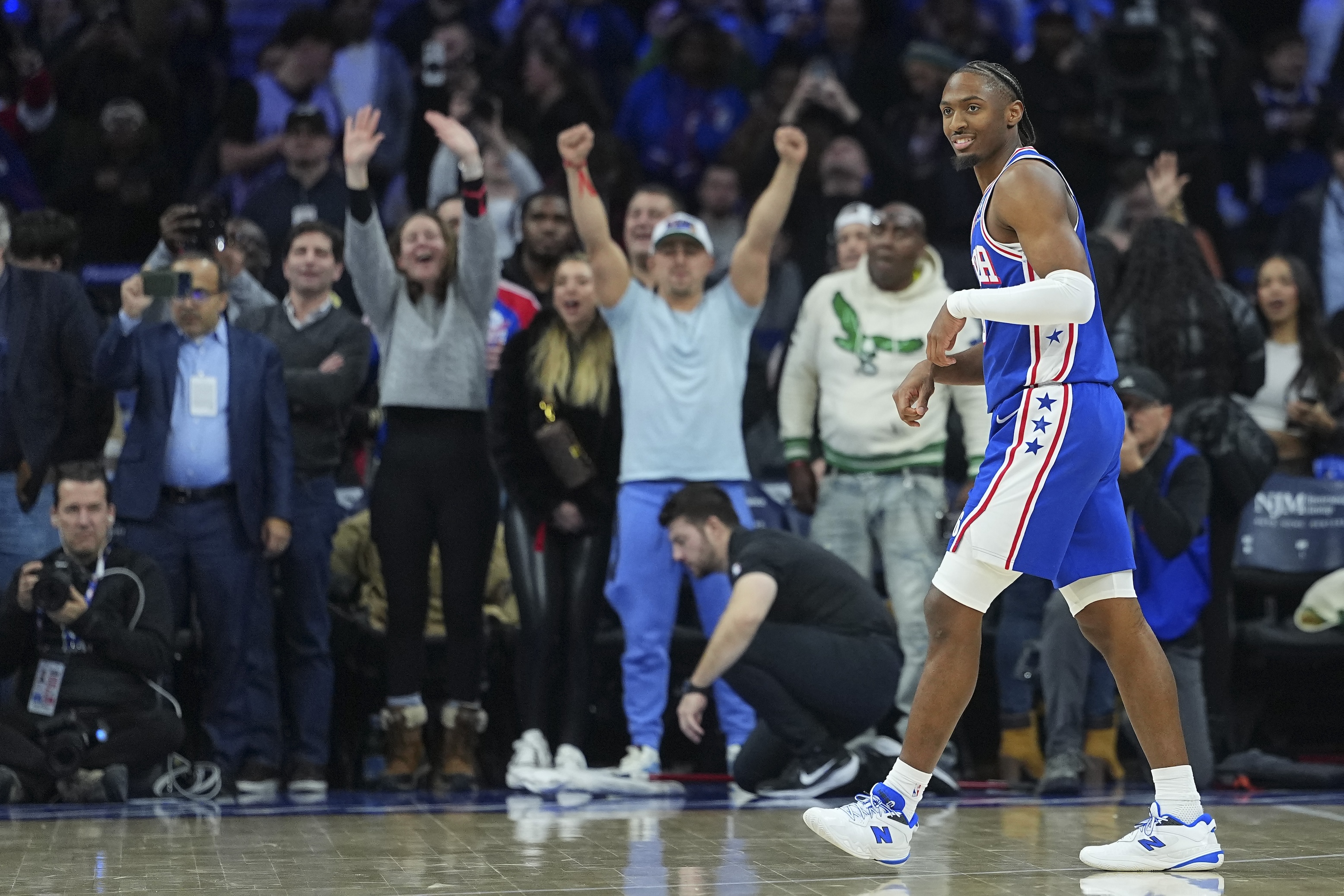 Tyrese Maxey #0 of the Philadelphia 76ers reacts after the game against the Sacramento Kings at Xfinity Mobile Arena on January 29, 2026 in Philadelphia, Pennsylvania. The 76ers defeated the Kings 113-111.