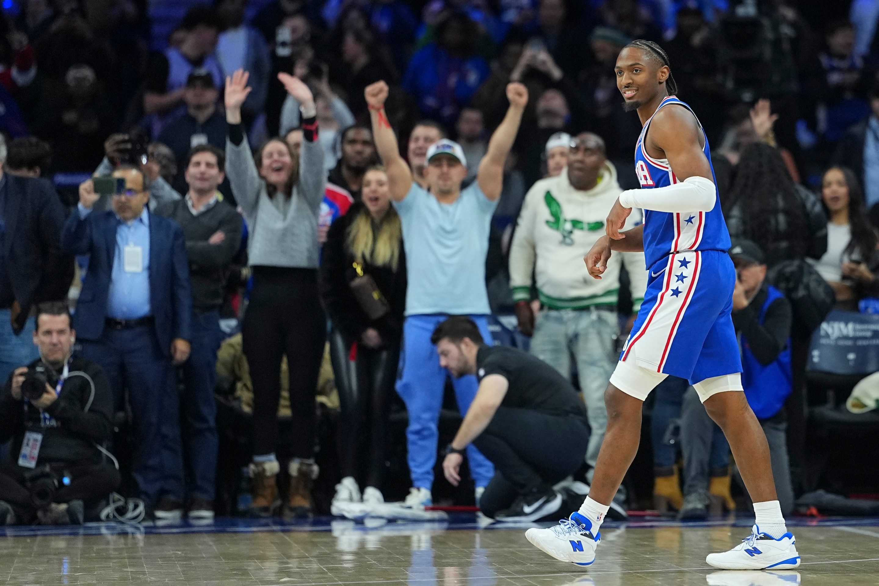 Tyrese Maxey #0 of the Philadelphia 76ers reacts after the game against the Sacramento Kings at Xfinity Mobile Arena on January 29, 2026 in Philadelphia, Pennsylvania. The 76ers defeated the Kings 113-111.