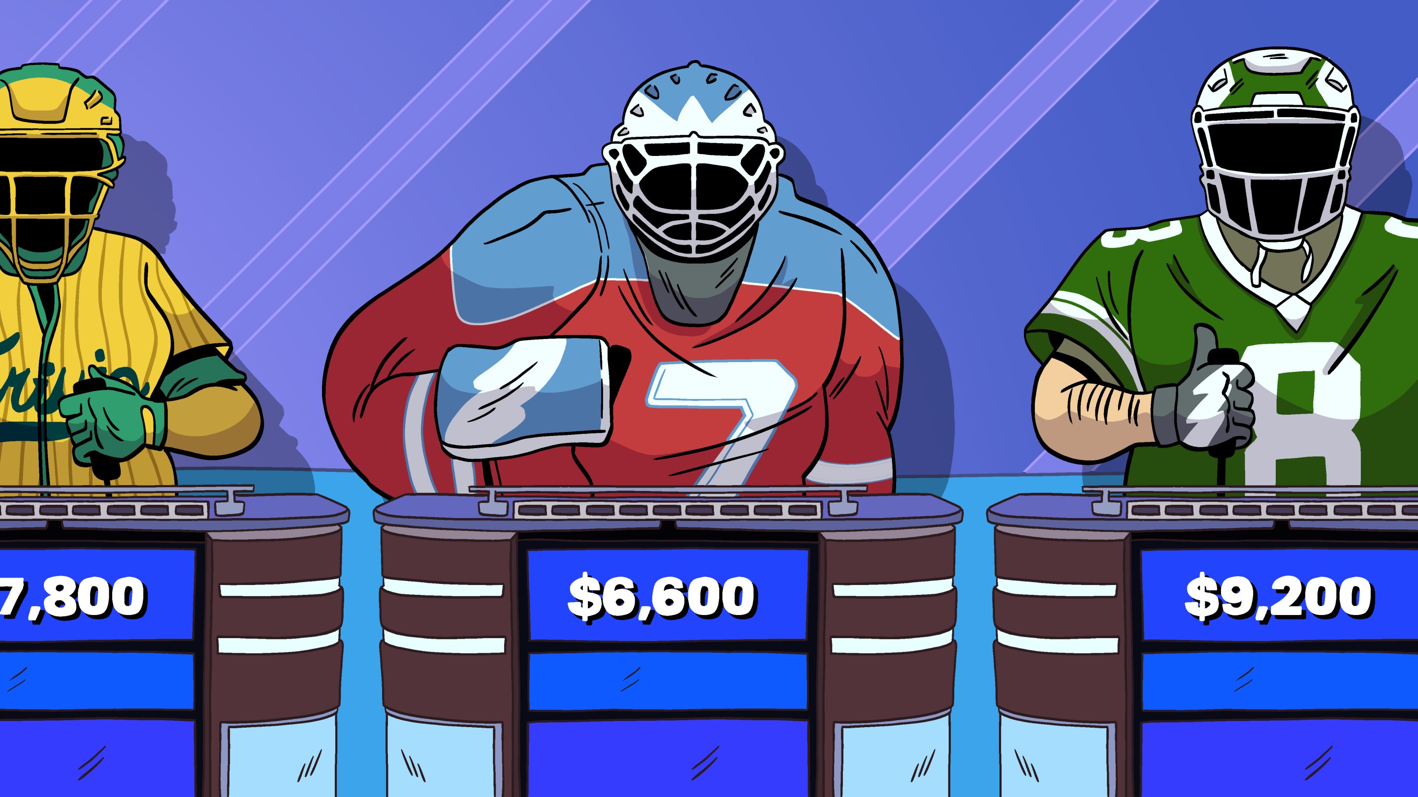 Athletes stand at the Jeopardy podiums in full sports gear.