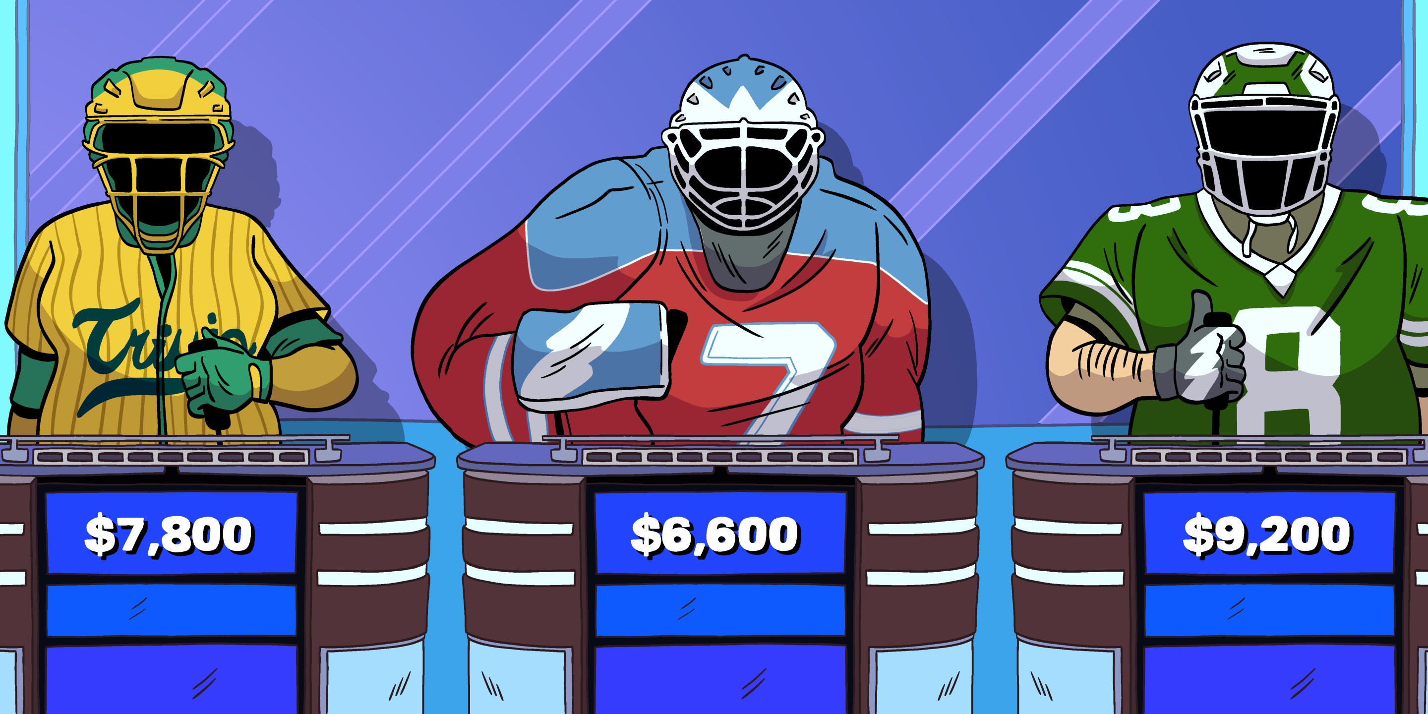 Athletes stand at the Jeopardy podiums in full sports gear.