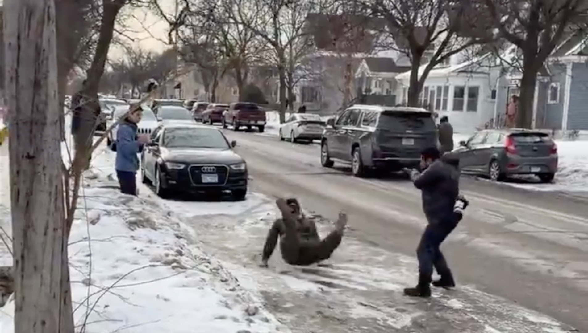 Ice guy slips and falls