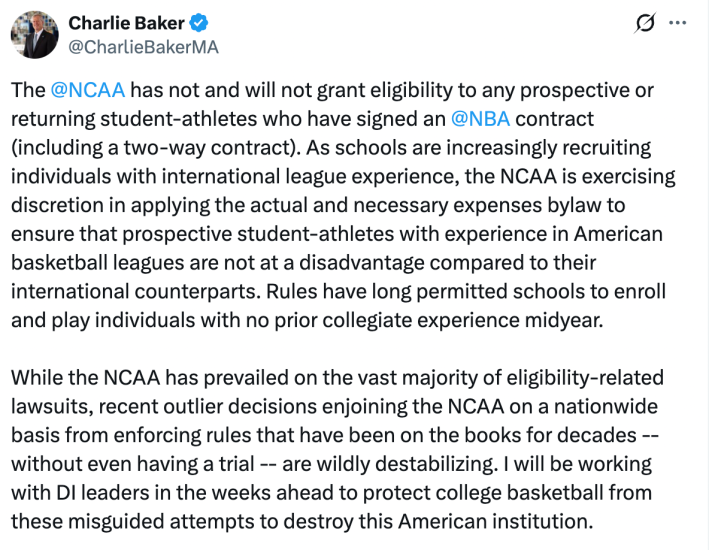 The @NCAA has not and will not grant eligibility to any prospective or returning student-athletes who have signed an @NBA contract (including a two-way contract). As schools are increasingly recruiting individuals with international league experience, the NCAA is exercising discretion in applying the actual and necessary expenses bylaw to ensure that prospective student-athletes with experience in American basketball leagues are not at a disadvantage compared to their international counterparts. Rules have long permitted schools to enroll and play individuals with no prior collegiate experience midyear.While the NCAA has prevailed on the vast majority of eligibility-related lawsuits, recent outlier decisions enjoining the NCAA on a nationwide basis from enforcing rules that have been on the books for decades -- without even having a trial -- are wildly destabilizing. I will be working with DI leaders in the weeks ahead to protect college basketball from these misguided attempts to destroy this American institution.