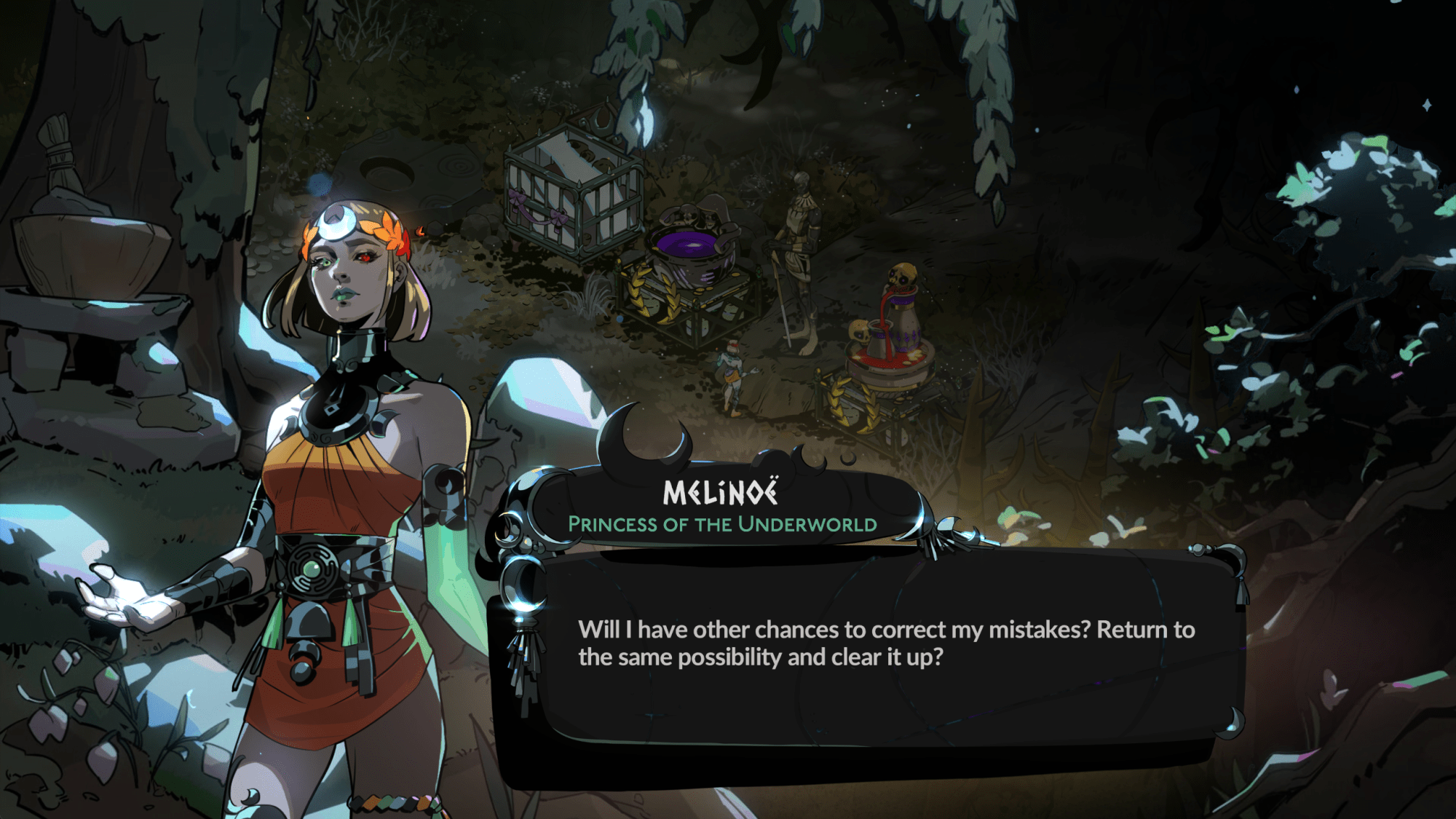 A screenshot from 'Hades II': Melinoë, Princess of the Underworld, wonders whether she will have chances to correct her earlier mistakes.