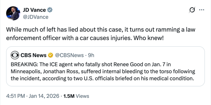 JD Vance on Twitter, linking to the CBS News story and posting: "While much of the left has lied about this case, it turns out ramming a law enforcement officer with a car causes injuries. Who knew!"