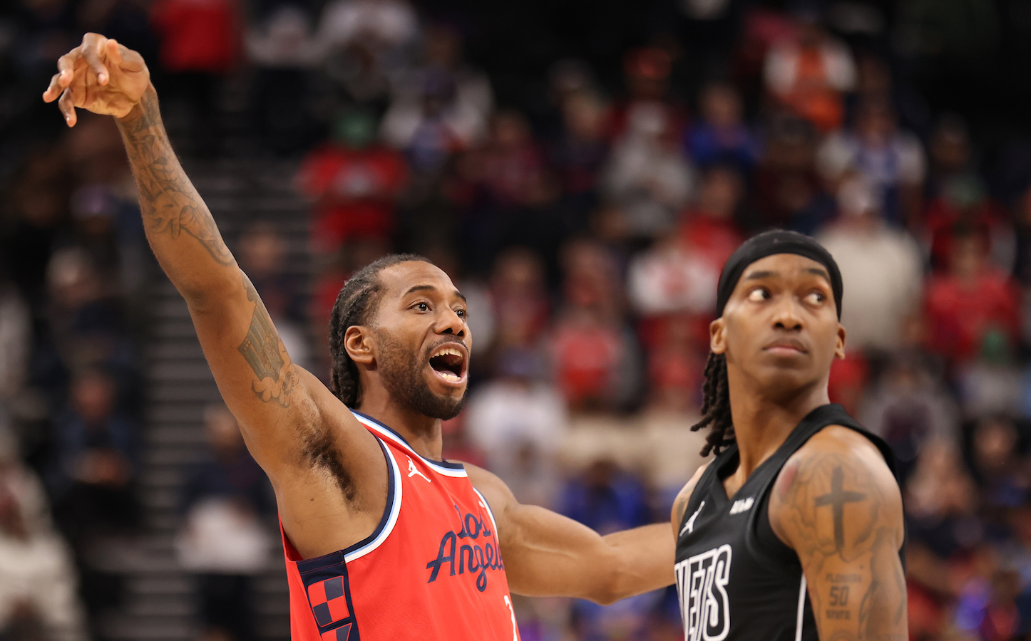 Kawhi Leonard #2 of the Los Angeles Clippers reacts during the first half of their game against the Brooklyn Nets at Intuit Dome on January 25, 2026 in Inglewood, California.