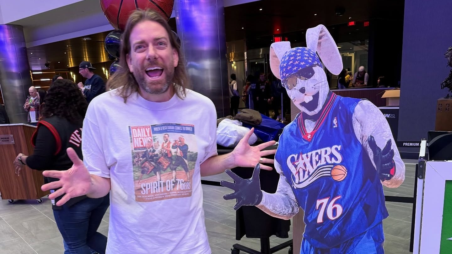 Dan McQuade and Hip-Hop the 76ers rabbit mascot.