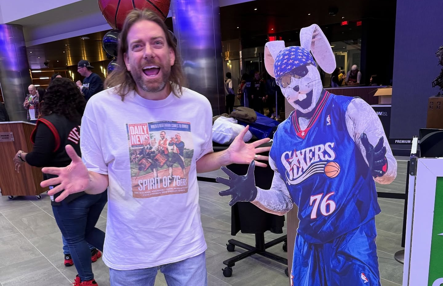 Dan McQuade and Hip-Hop the 76ers rabbit mascot.