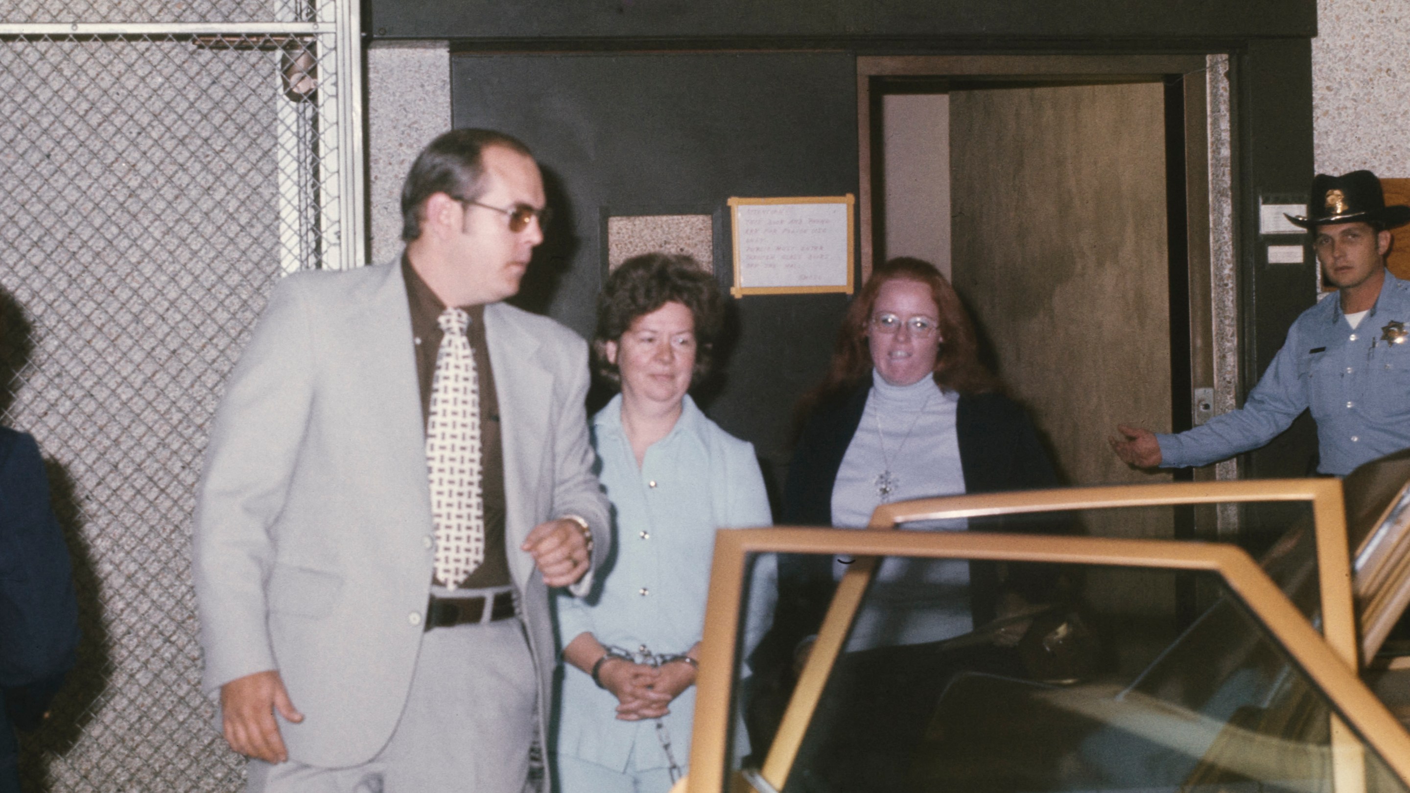 Sara Jane Moore, the woman who attempted to assassinate President Gerald Ford, is shown as she leaves San Mateo County prison en route to San Francisco where she is to to appear in the US District Court, October 28th 1975.