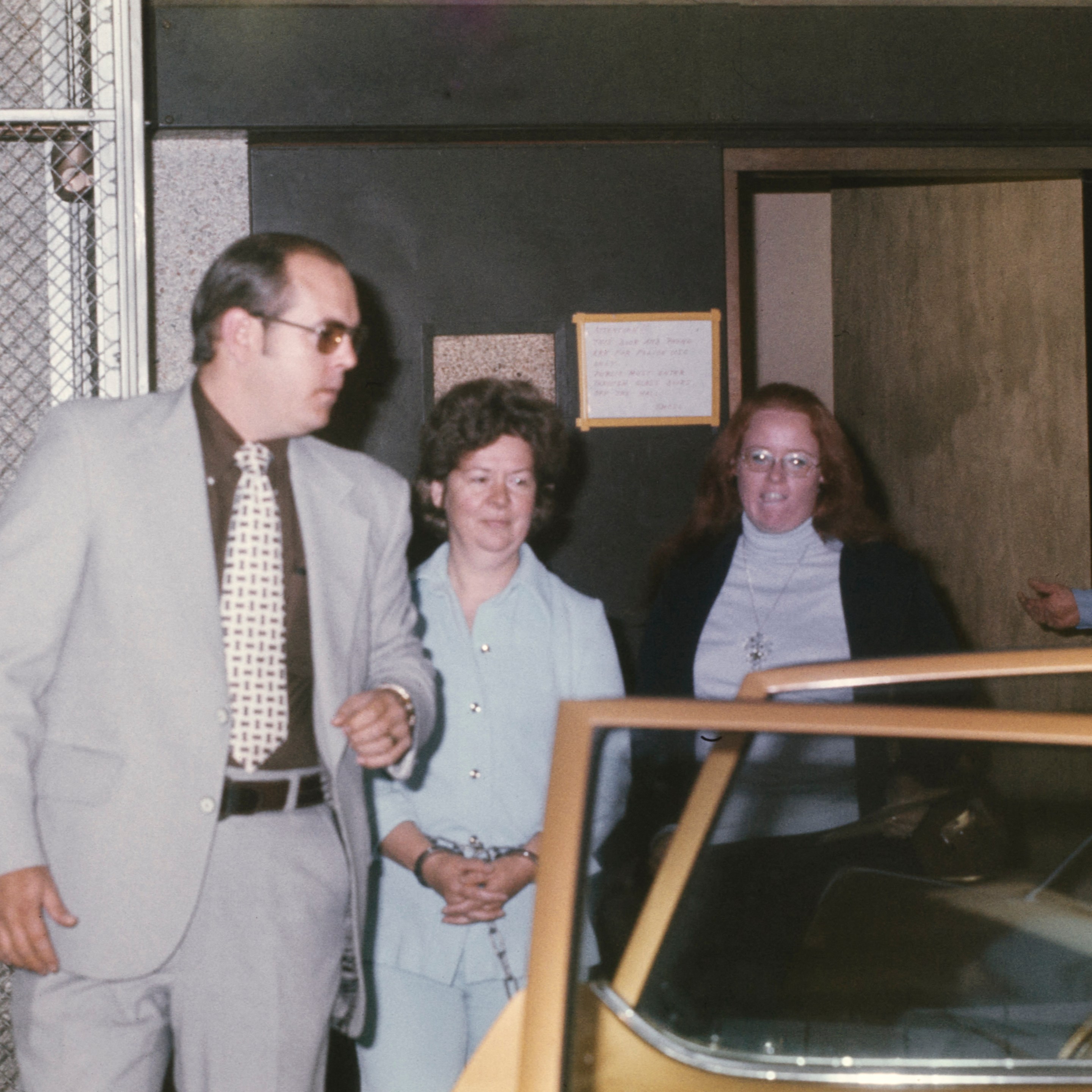 Sara Jane Moore, the woman who attempted to assassinate President Gerald Ford, is shown as she leaves San Mateo County prison en route to San Francisco where she is to to appear in the US District Court, October 28th 1975.